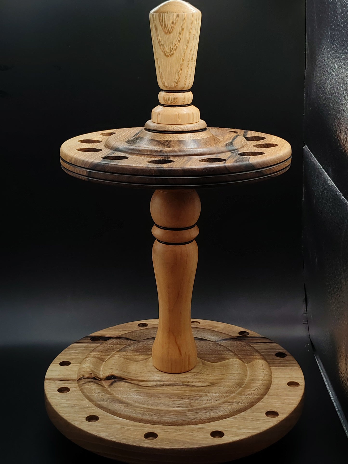12-Spindle Stand – Walnut, Pear & Oak Wood | Rotating Display for Drop & Support Spindles | Wooden Organizer by Kravelli