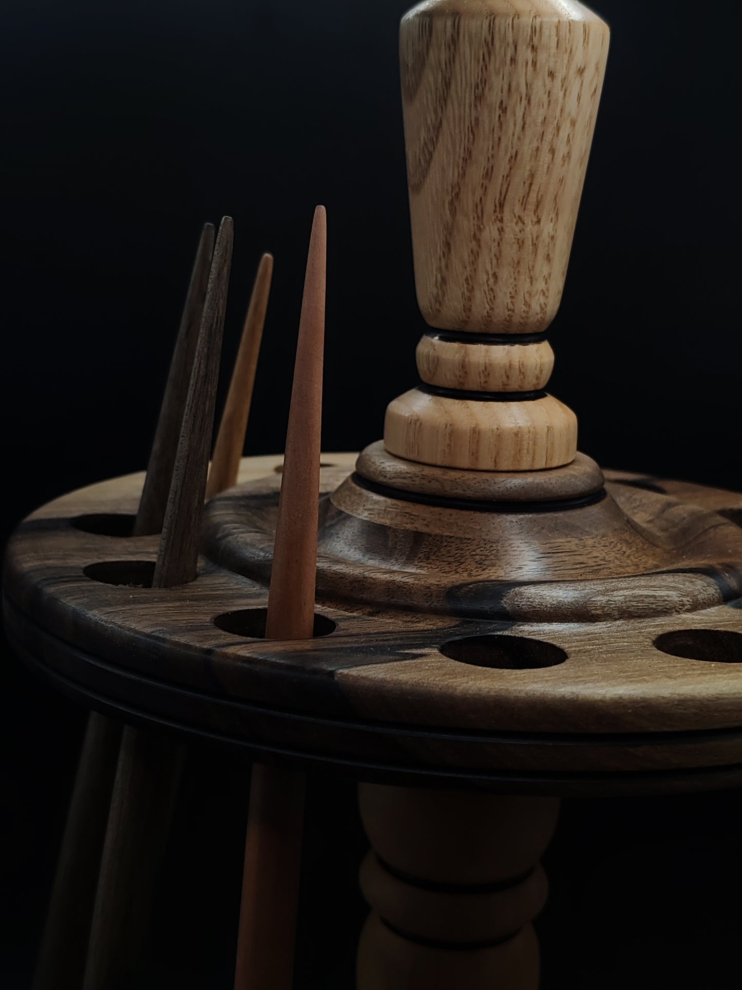 12-Spindle Stand – Walnut, Pear & Oak Wood | Rotating Display for Drop & Support Spindles | Wooden Organizer by Kravelli