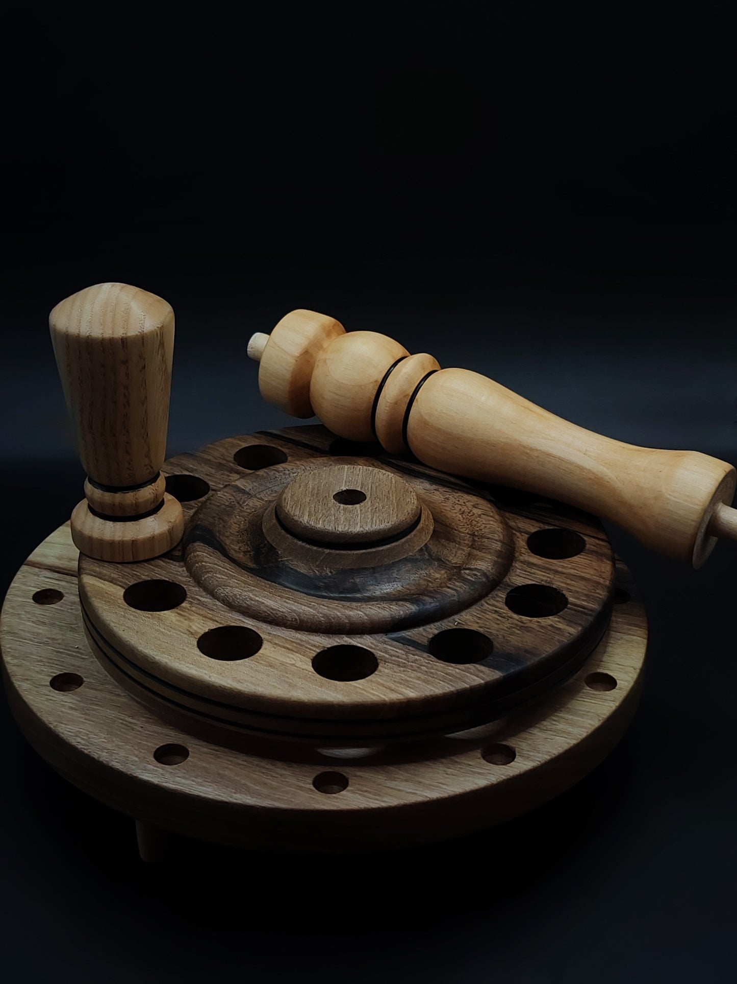 12-Spindle Stand – Walnut, Pear & Oak Wood | Rotating Display for Drop & Support Spindles | Wooden Organizer by Kravelli