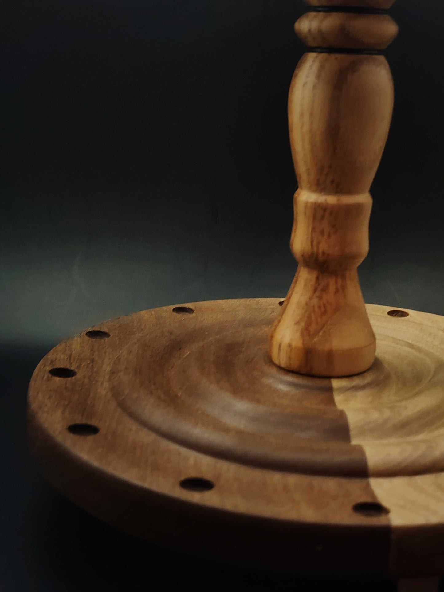 12-Spindle Stand – Walnut & Oak Wood | Rotating Yarn Tool Display for Drop & Support Spindles | Kravelli Handcrafted Organizer