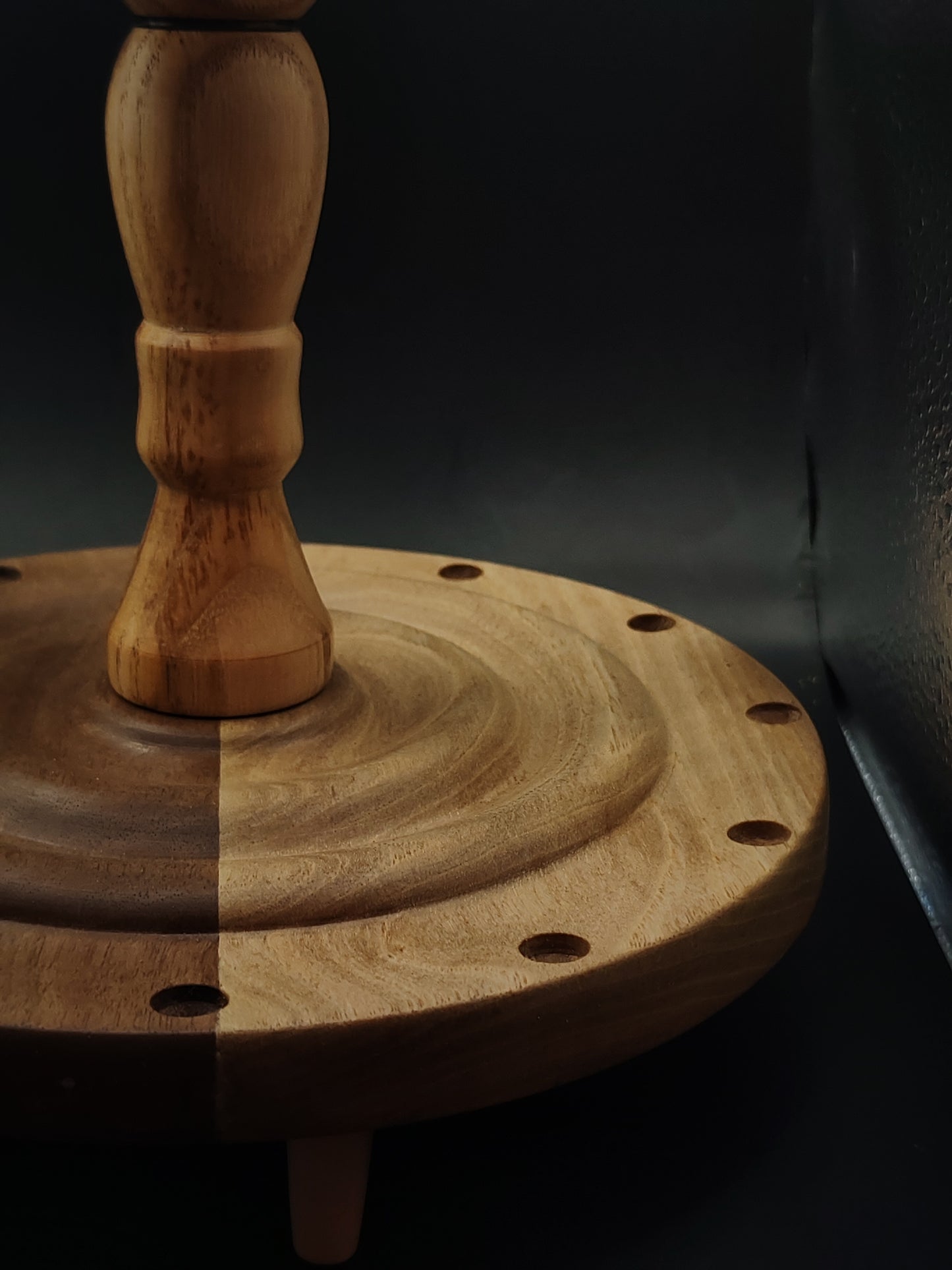 12-Spindle Stand – Walnut & Oak Wood | Rotating Yarn Tool Display for Drop & Support Spindles | Kravelli Handcrafted Organizer