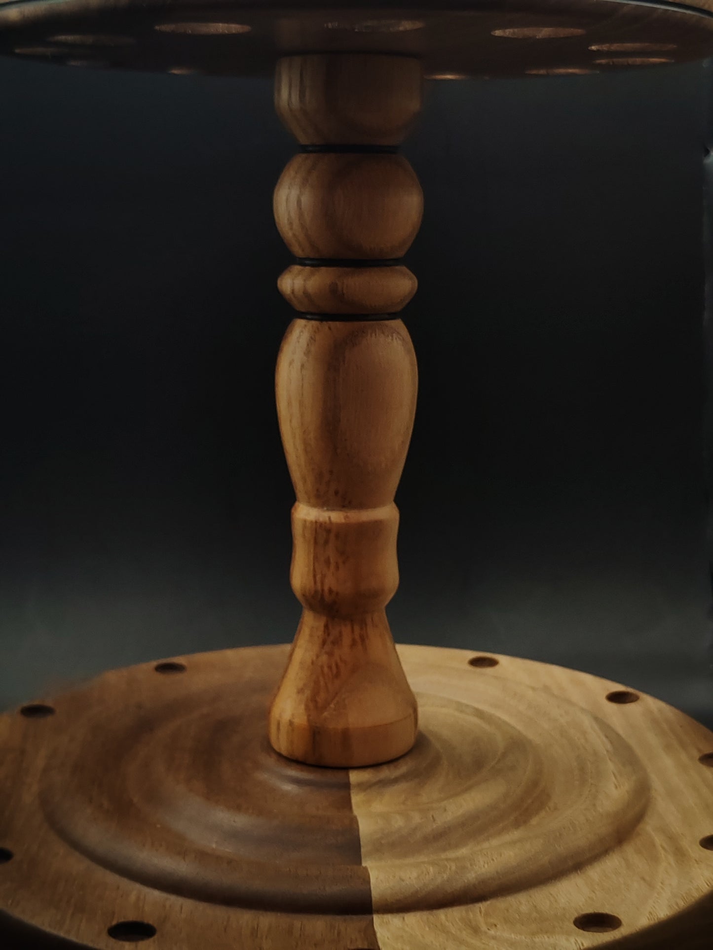 12-Spindle Stand – Walnut & Oak Wood | Rotating Yarn Tool Display for Drop & Support Spindles | Kravelli Handcrafted Organizer