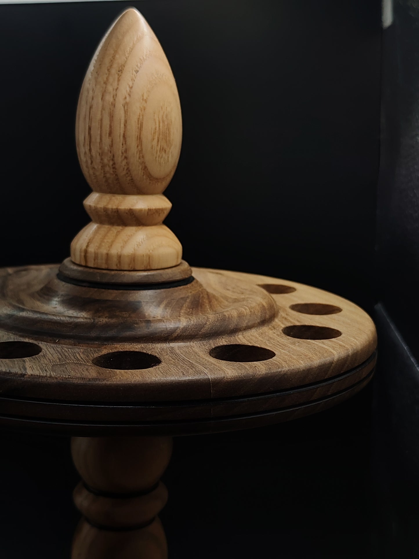 12-Spindle Stand – Walnut & Oak Wood | Rotating Yarn Tool Display for Drop & Support Spindles | Kravelli Handcrafted Organizer