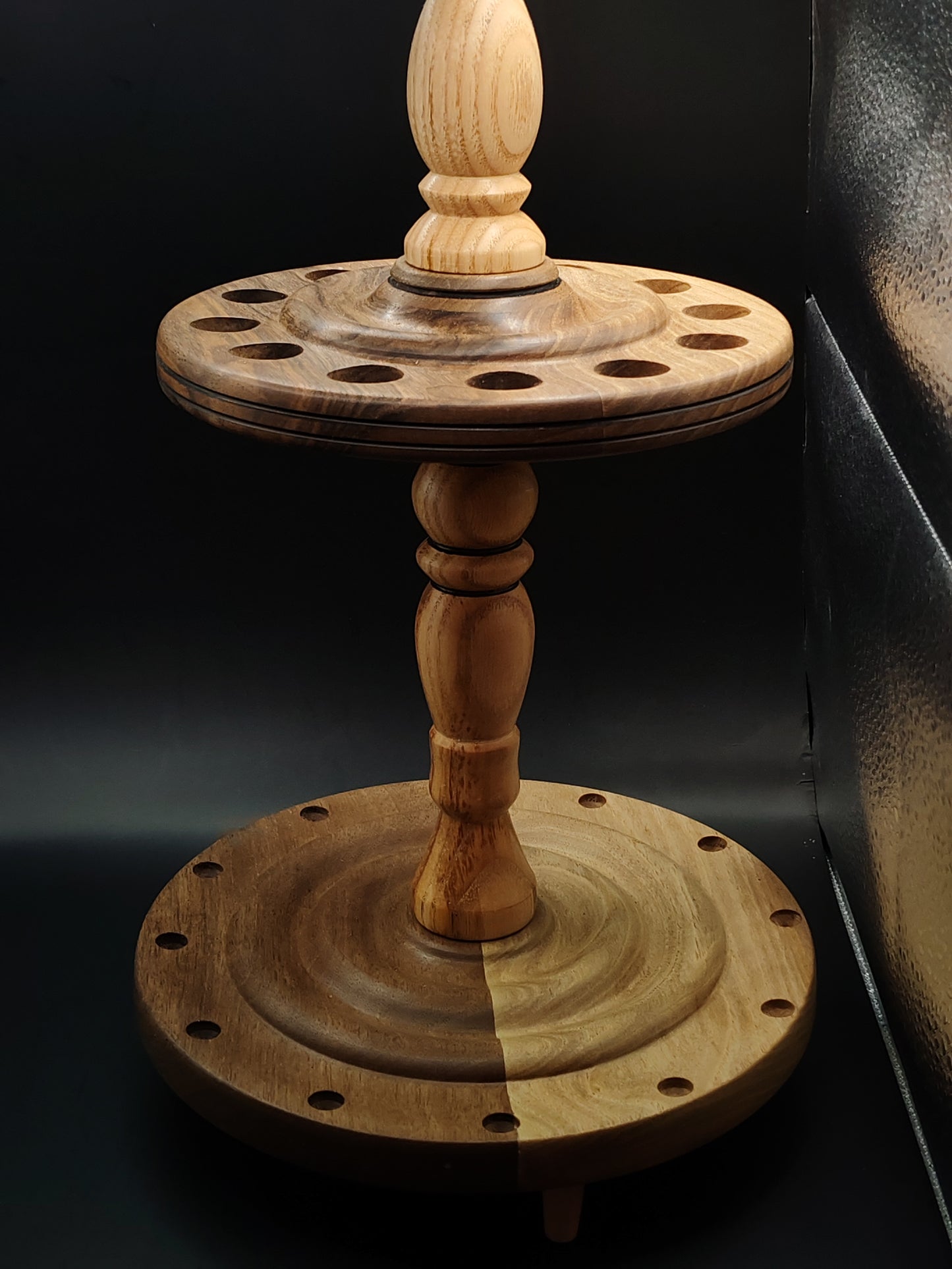 12-Spindle Stand – Walnut & Oak Wood | Rotating Yarn Tool Display for Drop & Support Spindles | Kravelli Handcrafted Organizer