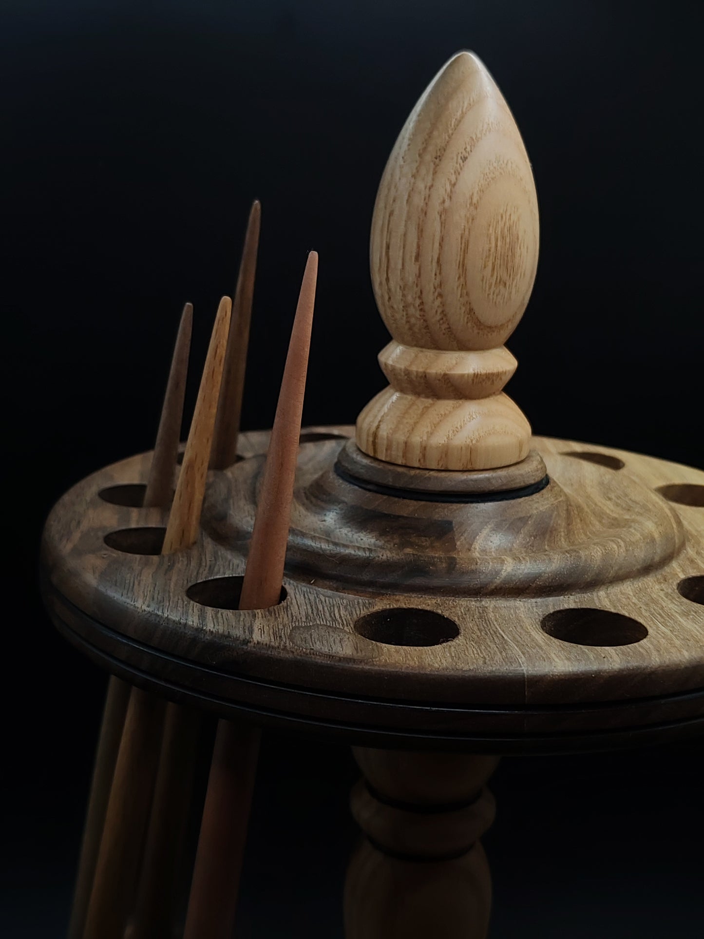 12-Spindle Stand – Walnut & Oak Wood | Rotating Yarn Tool Display for Drop & Support Spindles | Kravelli Handcrafted Organizer