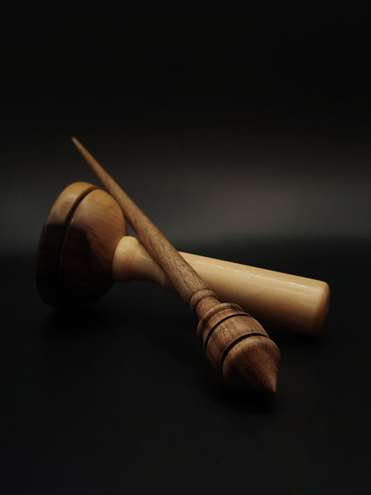 Support Spindle – 18g / 0.63oz, 25.5cm / 10.03in – Walnut Wood | With Apple & Walnut Lap Bowl | Lightweight Hand Spindle Set | Kravelli