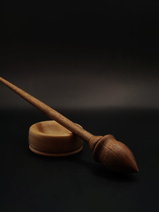 Support Spindle – 16g / 0.56oz, 24.5cm / 9.64in – Walnut Wood with Grey Walnut Bowl | Lightweight Spindle for Fine Yarn | Kravelli Spindle Set