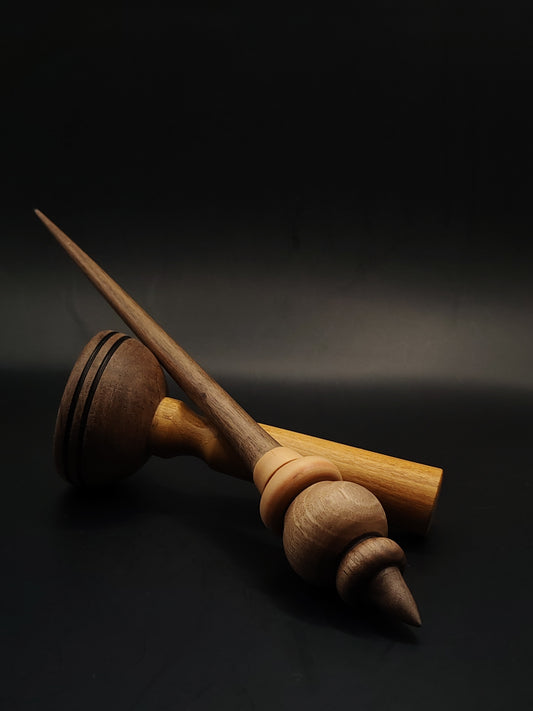 Support Spindle – 33g / 1.16oz, 28cm / 11in | Walnut & Apple Wood | With Walnut & Mulberry Lap Bowl | Hand turned Spinning Tool | Kravelli