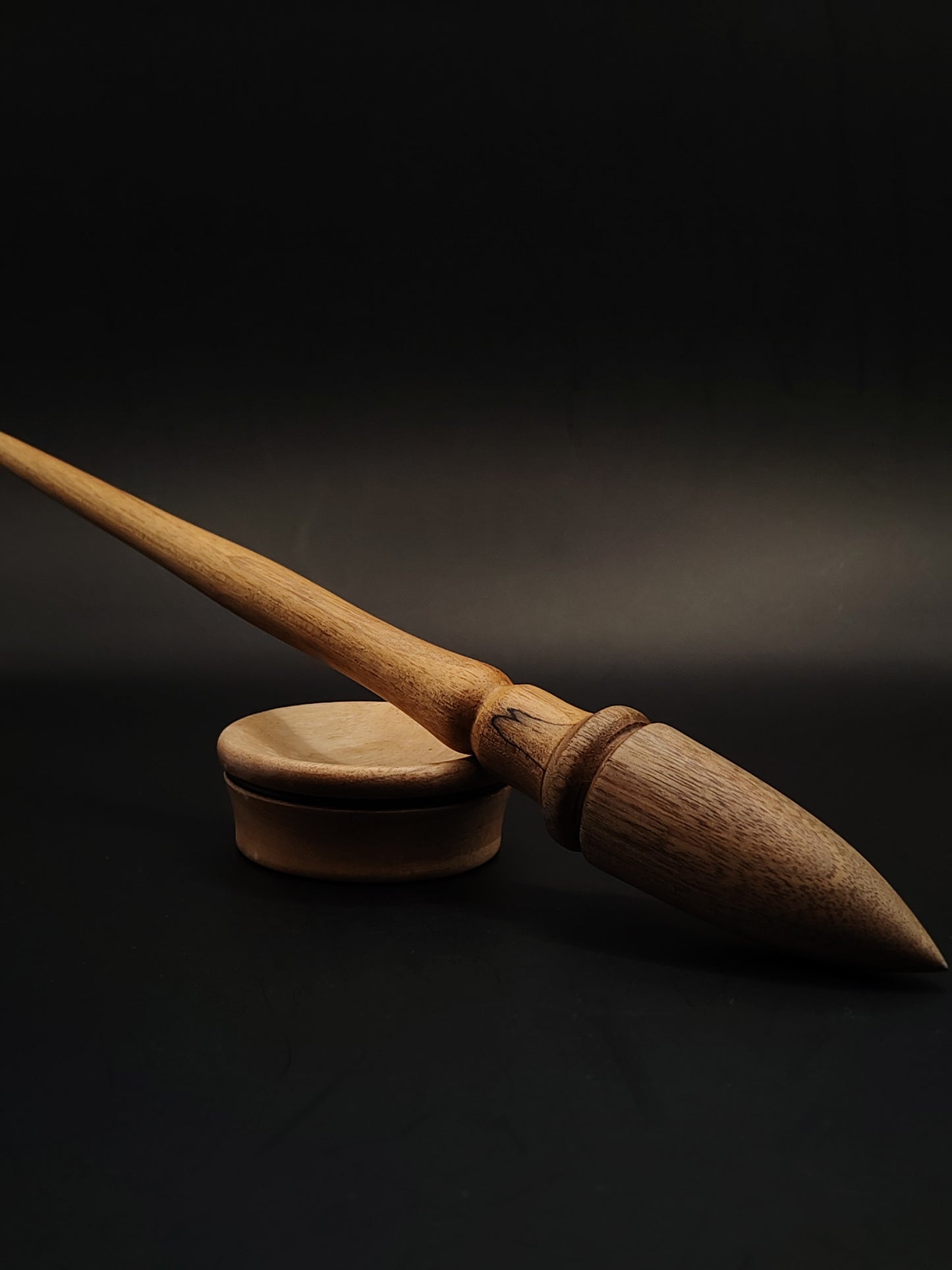 Support Spindle for Yarn Spinning – Alder Shaft & Grey Walnut Whorl (27.5 cm, 26 g) | Artisan Goddess Spindle Set with Pear Support Bowl