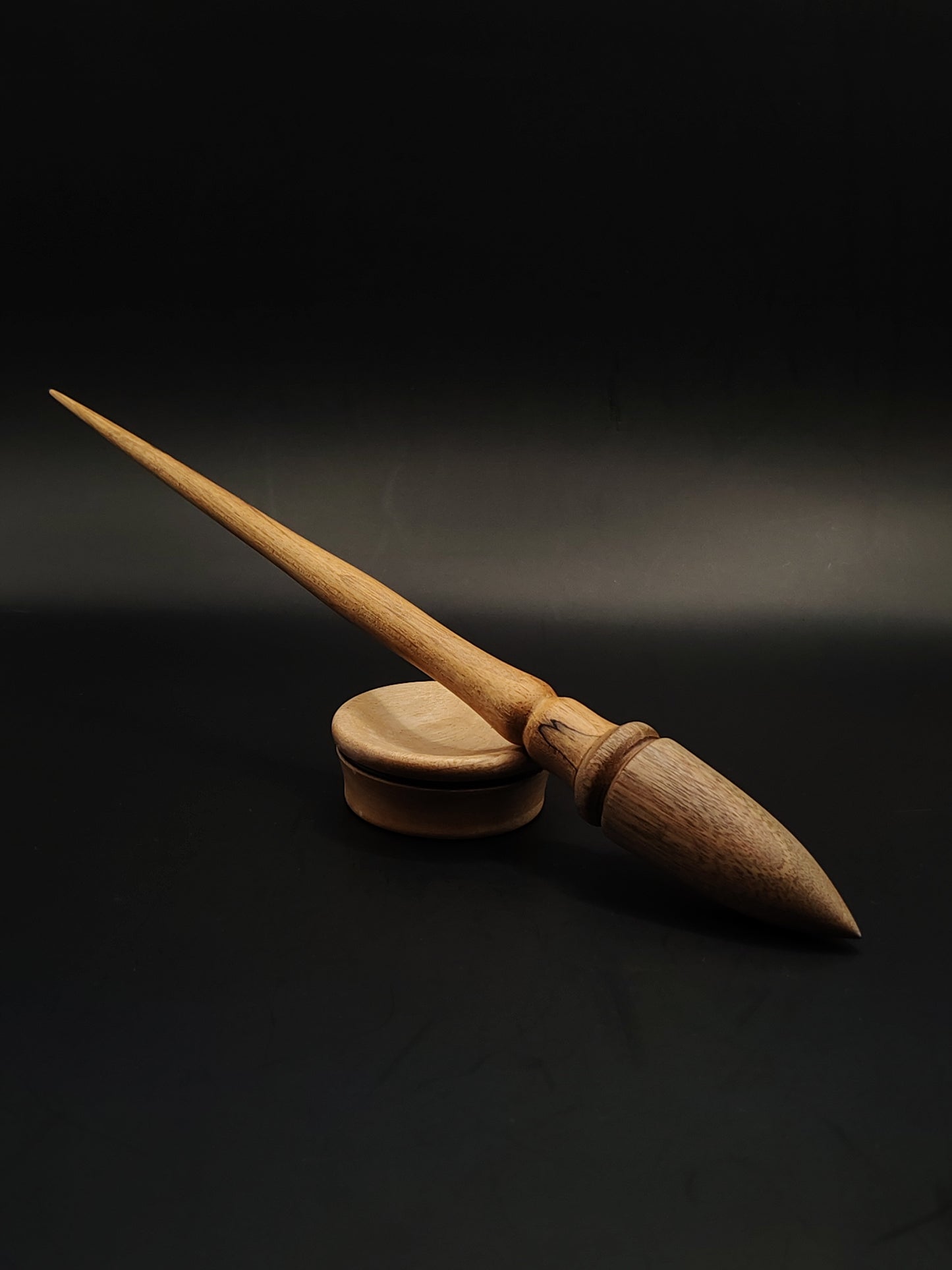 Support Spindle for Yarn Spinning – Alder Shaft & Grey Walnut Whorl (27.5 cm, 26 g) | Artisan Goddess Spindle Set with Pear Support Bowl
