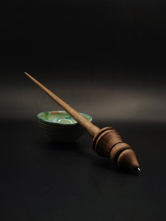 Support Spindle for Yarn Spinning with Metal Tip – Walnut Wood | 25g / 0.88oz – 26cm / 10.2in | Set with Complimentary Red Clay Bowl