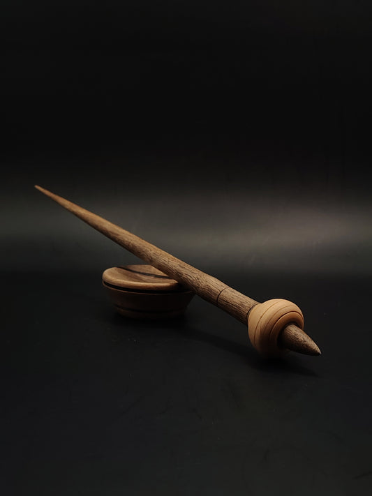 Support Spindle for Yarn Spinning – 17g / 27.5cm (0.6oz / 10.8in) – Walnut Shaft & Apple Whorl – with Walnut Support Bowl