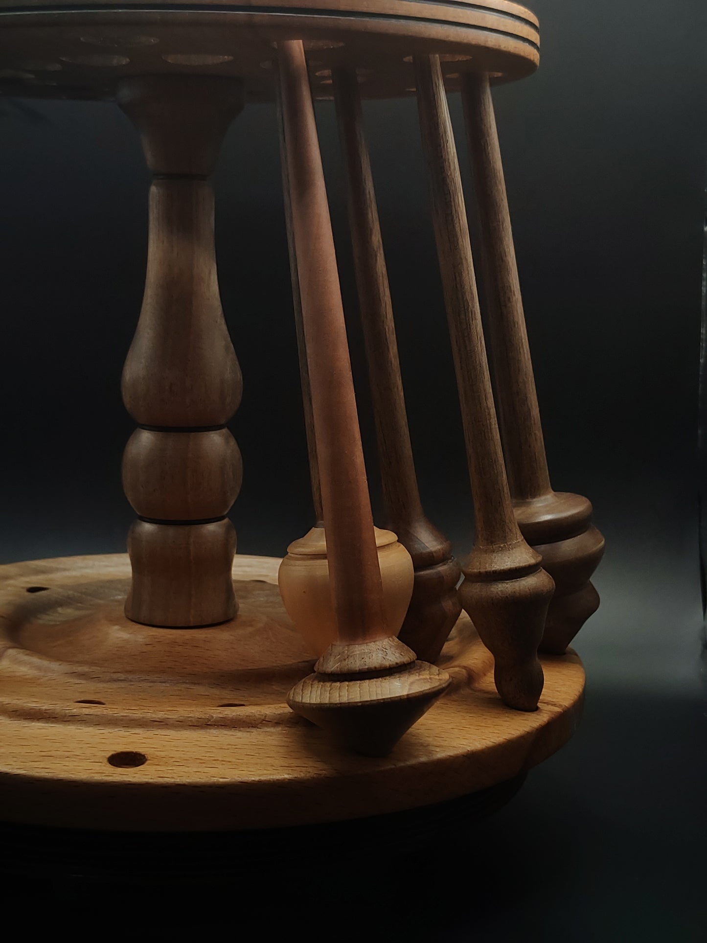 Rotating Spindle Stand – Holds 24 Drop & Support Spindles | Walnut & Beech Wood | 17 cm Height | Handcrafted by Kravelli