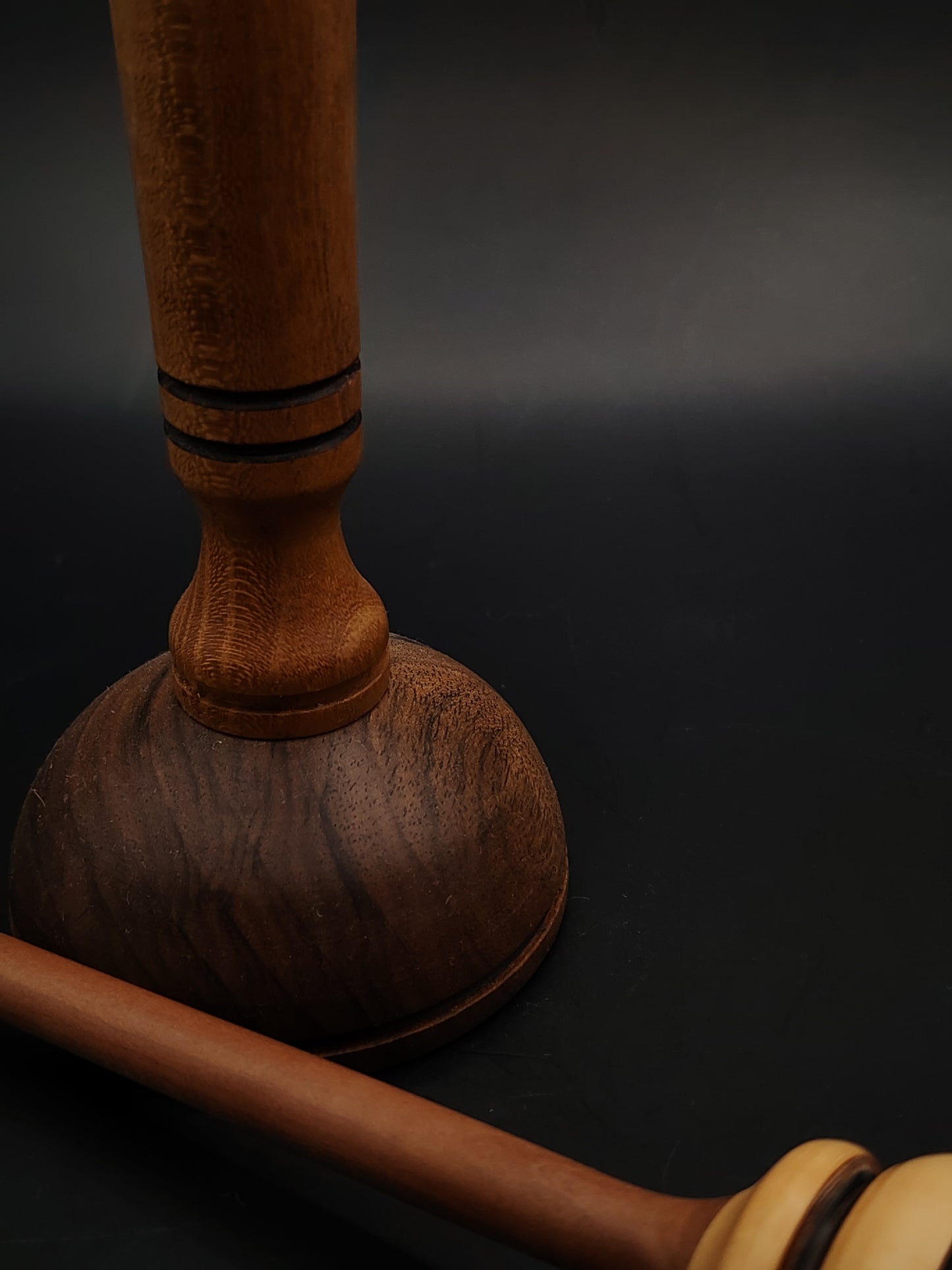 Support Spindle Set – Plum Shaft & Apple Whorl (25.5 cm / 22 g) + Oak-Walnut Lap Bowl | Handcrafted Yarn Spinning Tool