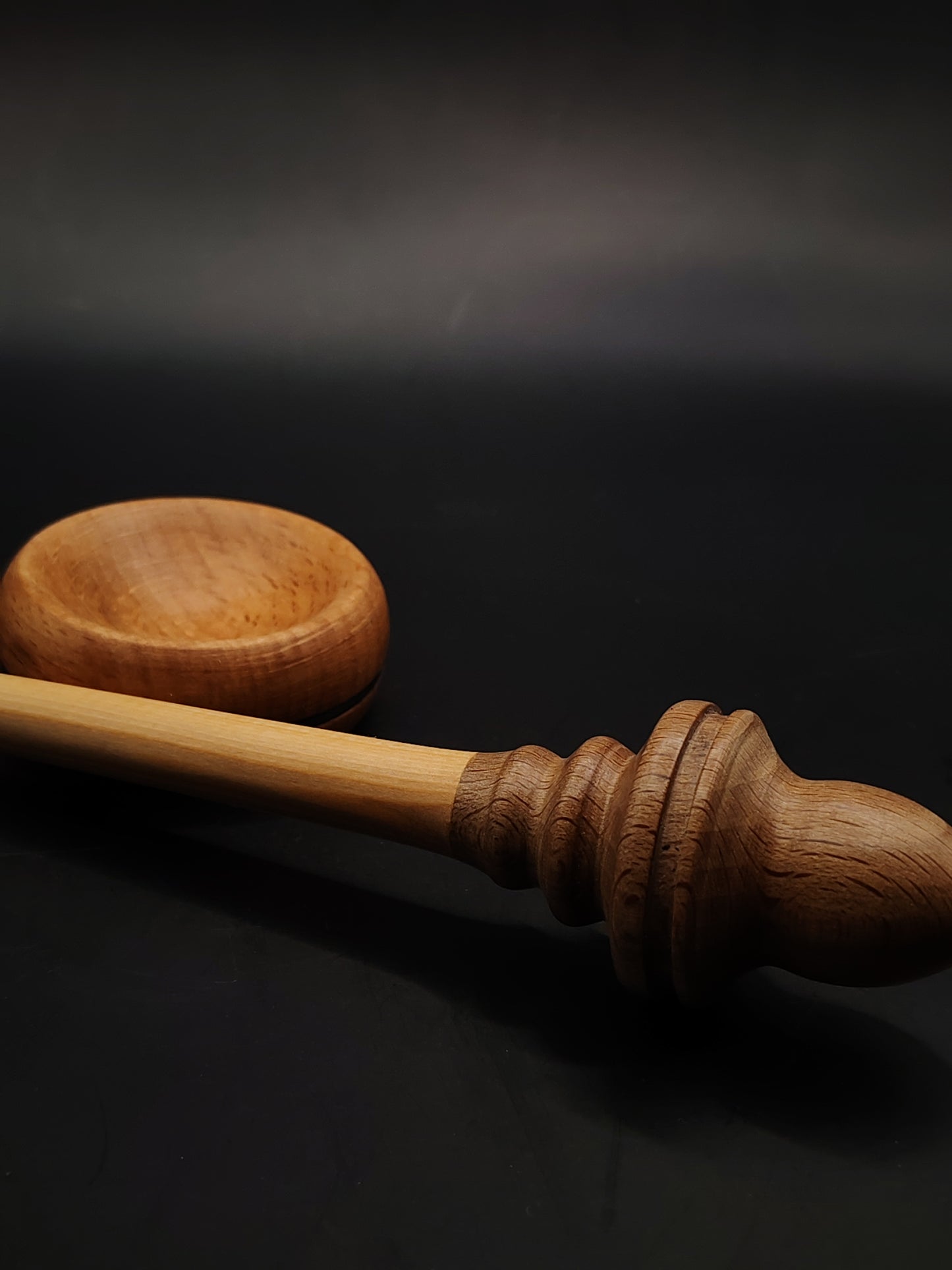 Support Spindle – Walnut Whorl & Larch Shaft (27 cm, 26 g) with Beech Bowl | Hand-Turned Spinning Tool | Kravelli