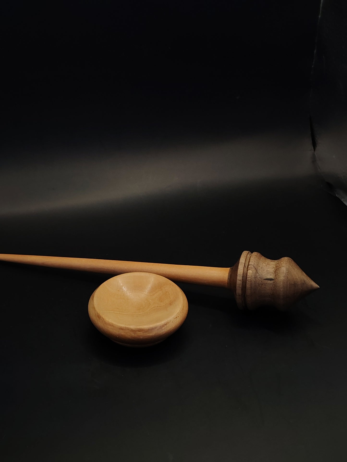 Support Spindle – Pear Shaft & Walnut Whorl, 25.5 cm / 10″, 28 g + Bowl