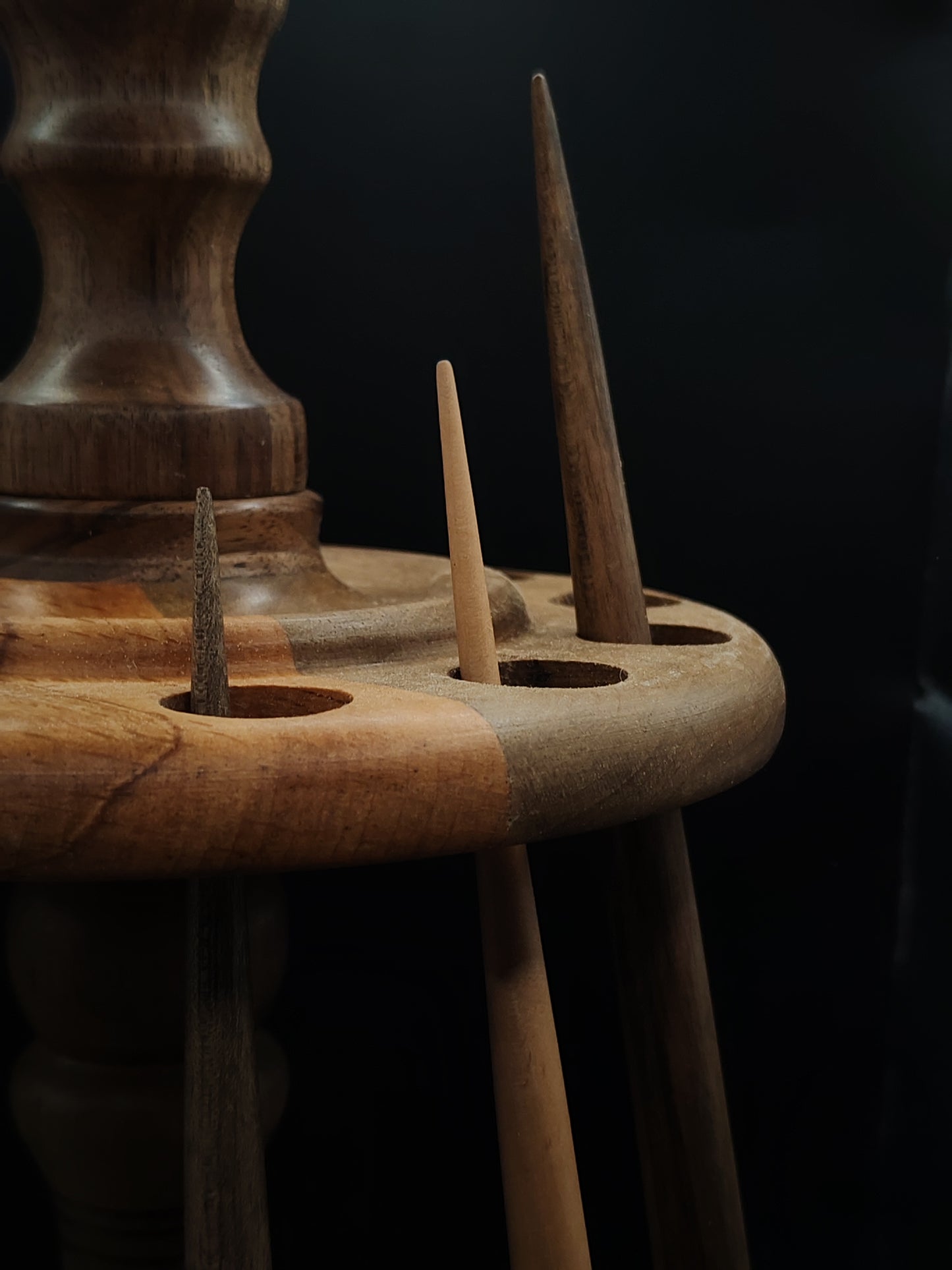 Spindle Stand for 12 Support & Drop Spindles – Pear, Walnut & Beech Organizer