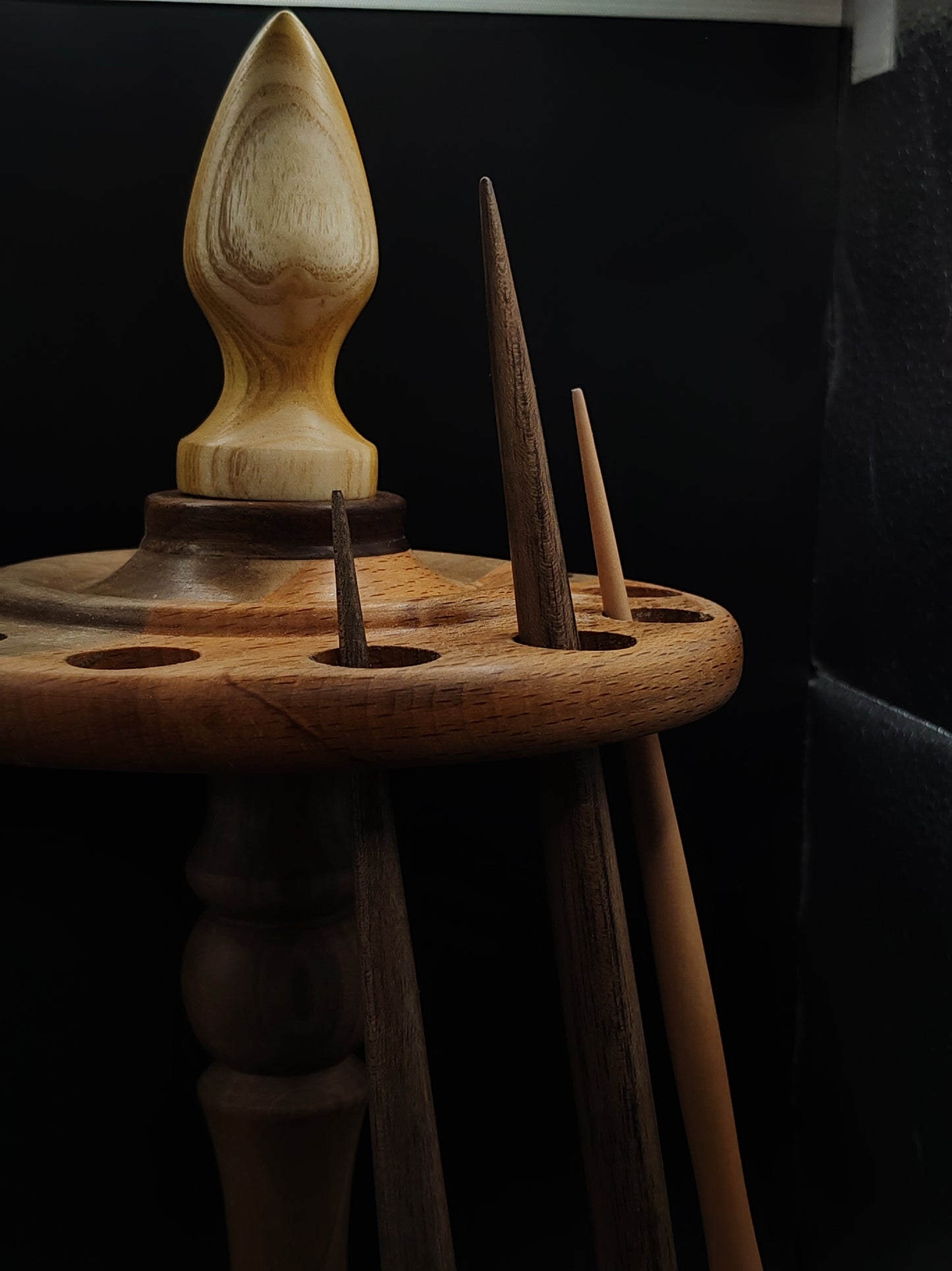 Spindle Stand for 12 Support & Drop Spindles – Walnut, Pear & Beech Organizer