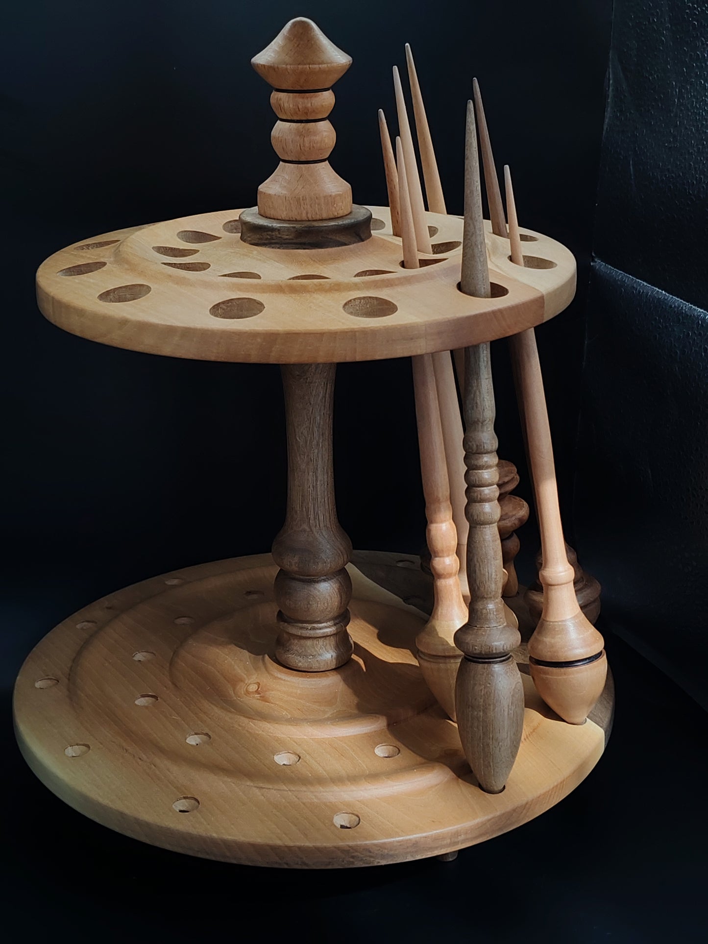 Rotating Spindle Stand for 24 Spindles – Walnut Pear Organizer for Support & Drop