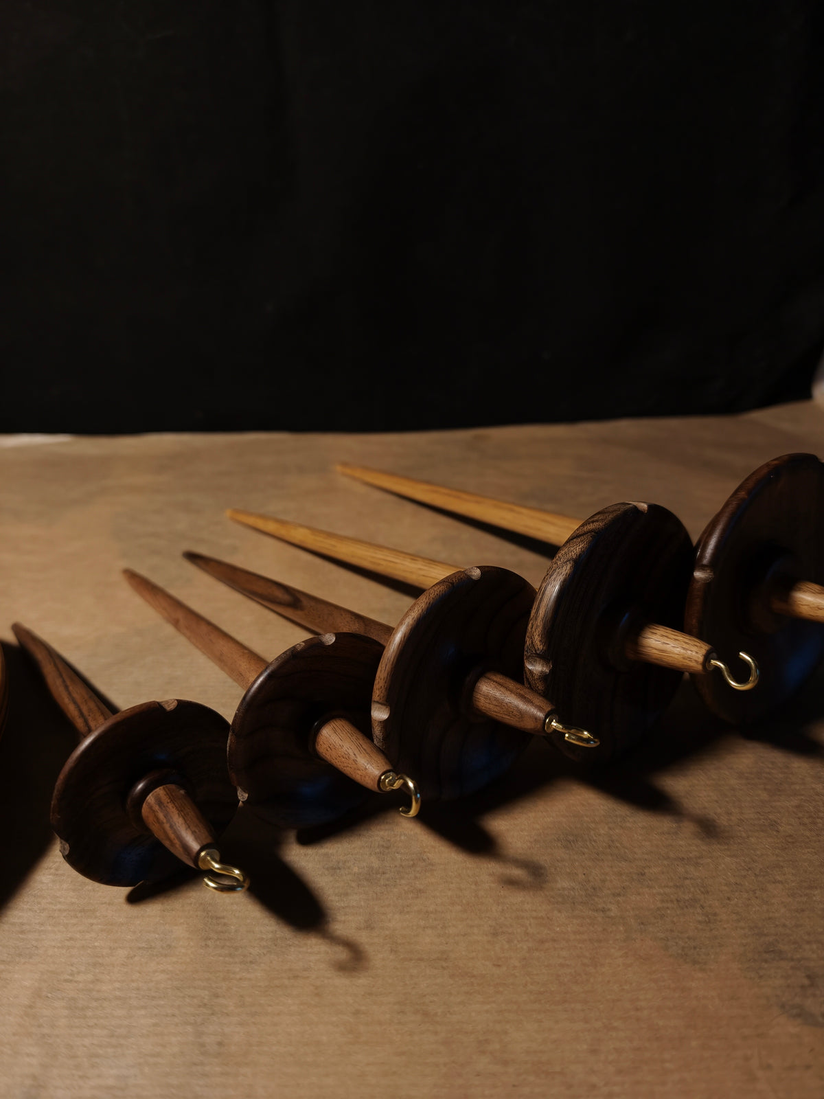 Set of 5 Wooden Drop Spindles with Pear Stand