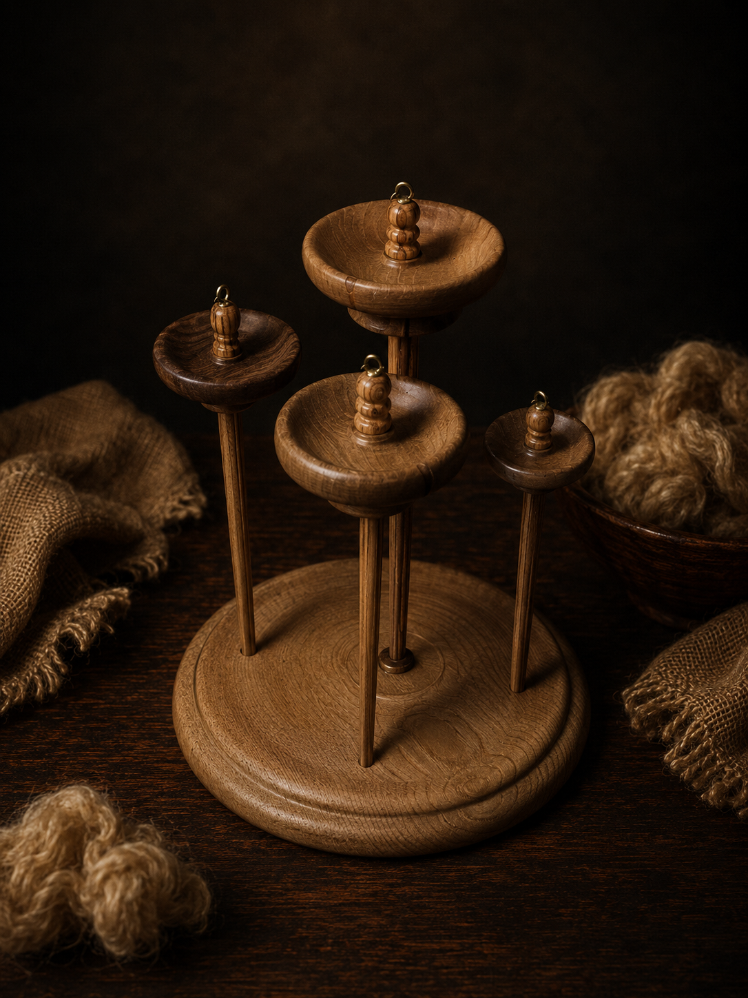 A spindle with a whorl that helps twist fibers into yarn. Held and dropped to create twist.