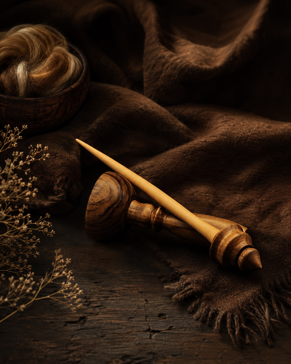 A handcrafted wooden support spindle with a smooth, polished finish, featuring a wide whorl and pointed tip, resting beside a matching wooden support bowl