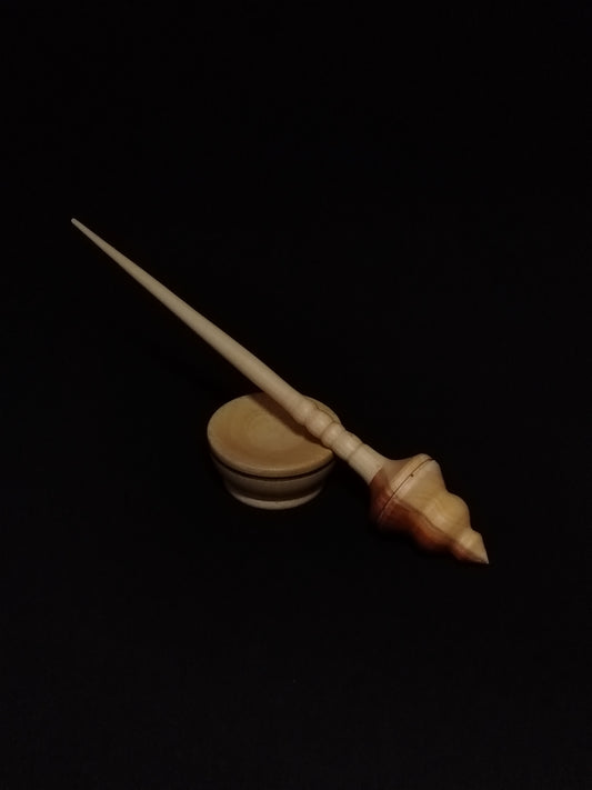 Support Spindle Set: Apple Shaft and Myrobalan Plum Whorl (25 cm / 9.84 inches / 35 grams) with Aged Oak Support Bowl