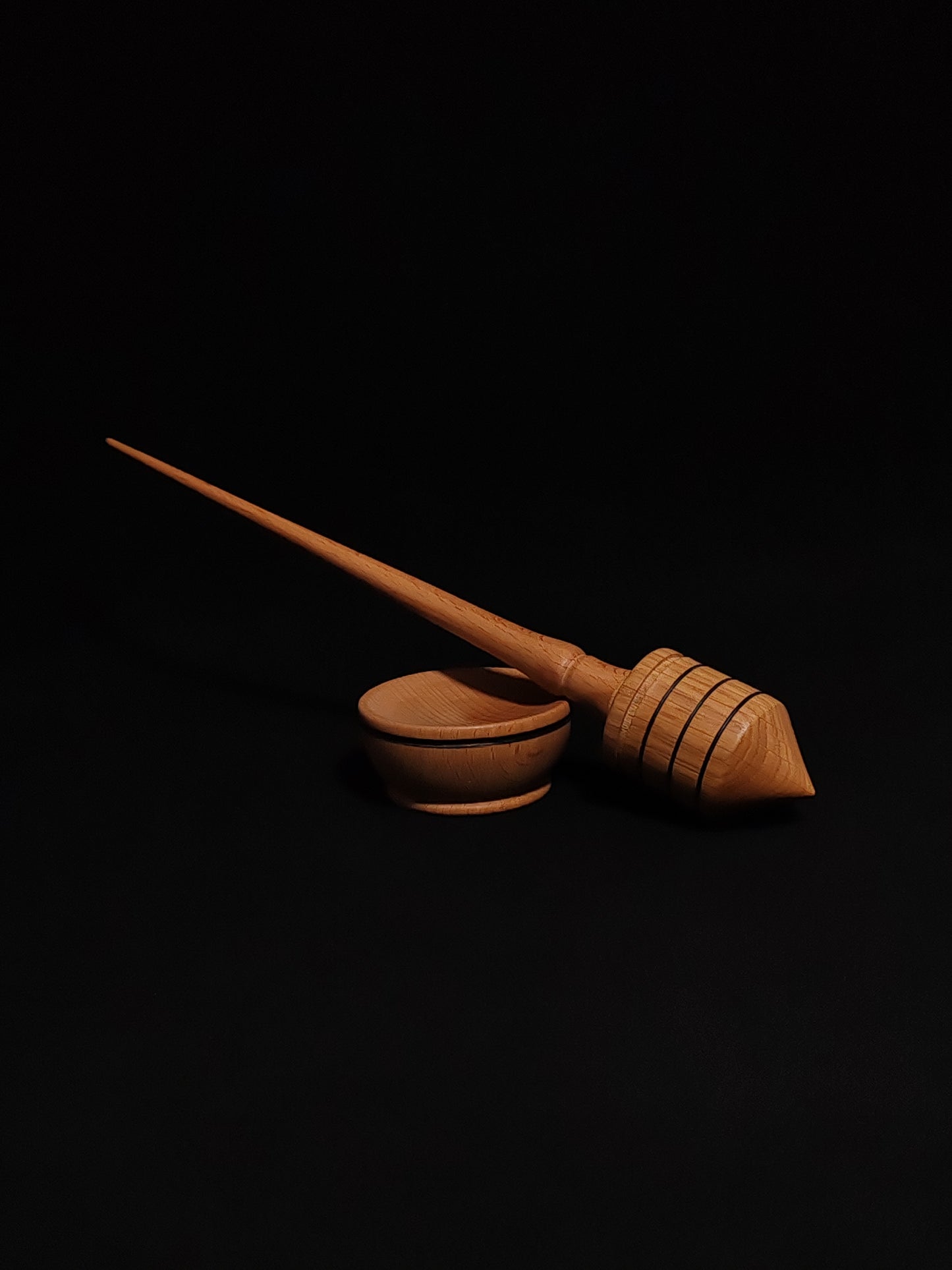 Support Spindle Set: Oak Whorl and Beech Shaft (26 cm / 10.24 inches, 35 grams / 1.23 ounces) with Beechwood Support Bowl