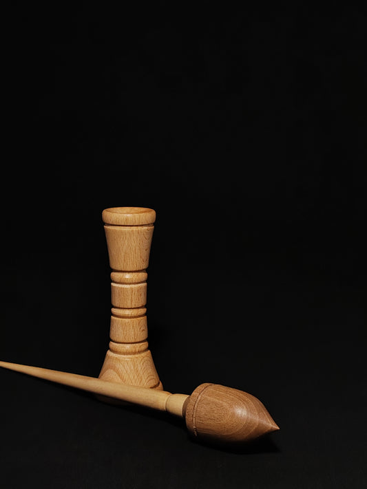 Support Spindle Set: Grey Walnut Shaft & Dark Walnut Whorl (26 cm / 28 g) with Double-Sided Beechwood Lap Support Bowl (13 cm Height)