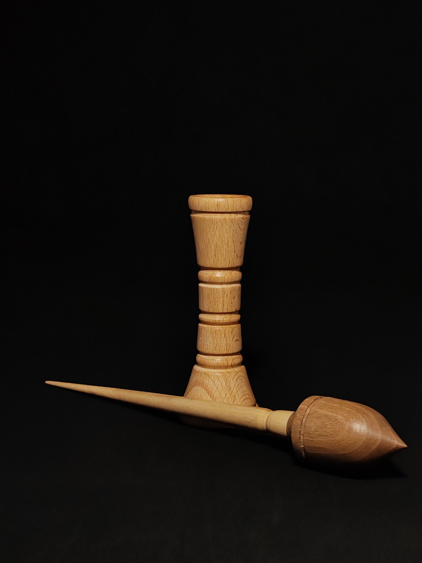 Support Spindle Set: Grey Walnut Shaft & Dark Walnut Whorl (26 cm / 28 g) with Double-Sided Beechwood Lap Support Bowl (13 cm Height)