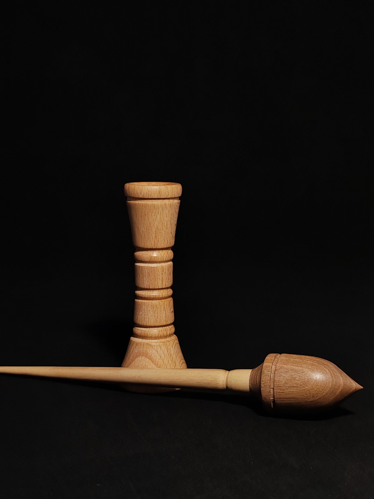 Support Spindle Set: Grey Walnut Shaft & Dark Walnut Whorl (26 cm / 28 g) with Double-Sided Beechwood Lap Support Bowl (13 cm Height)