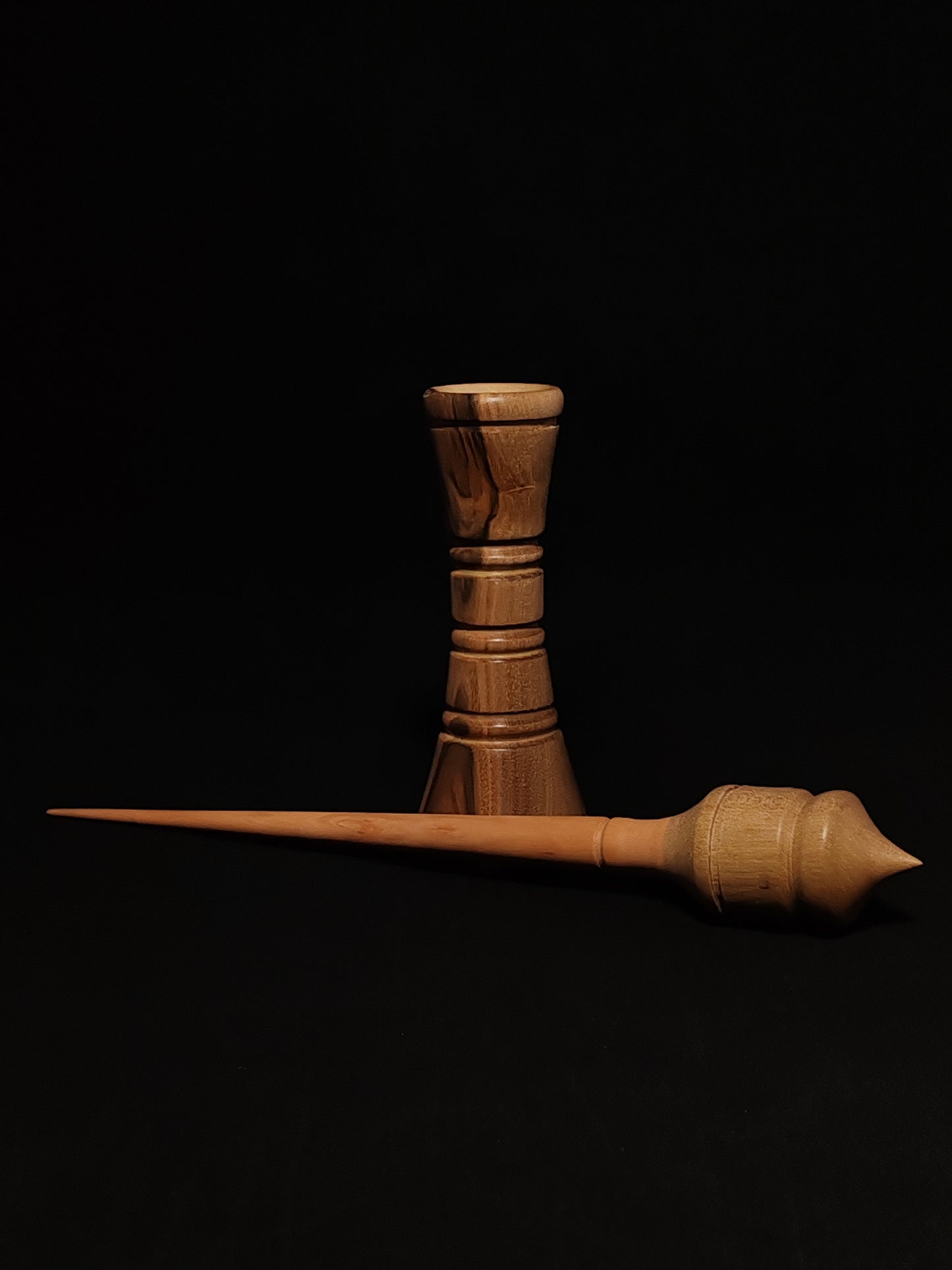 Support Spindle Set: Apple Shaft & Grey Walnut Whorl (25 cm / 26 g) with Double-Sided Walnut Lap Support Bowl (13 cm Height)