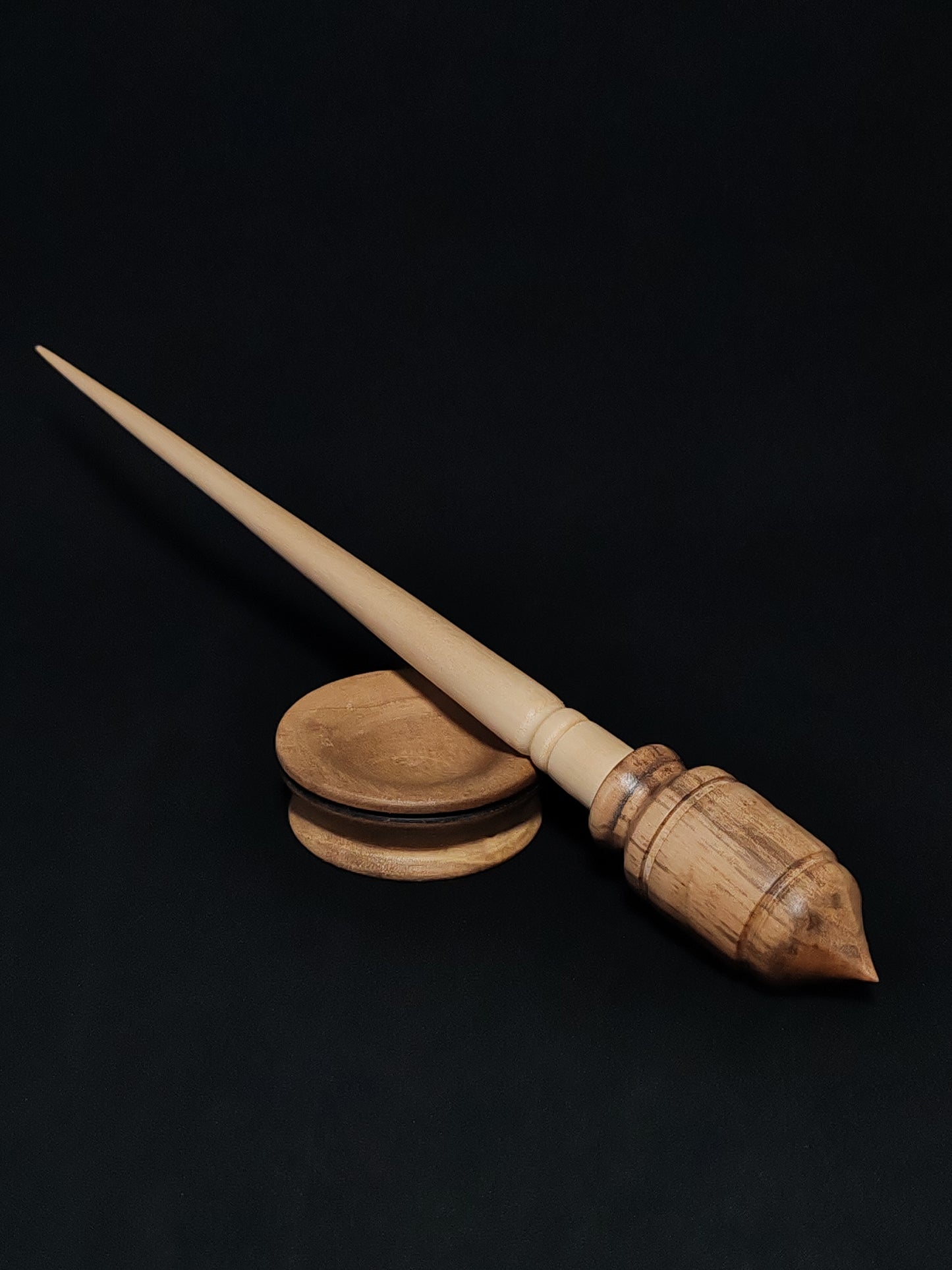 Support Spindle Set: Apple Shaft & Aged Pear Whorl (27.5 cm / 10.83 inches, 23 g / 0.81 oz) with Grey Walnut Support Bowl