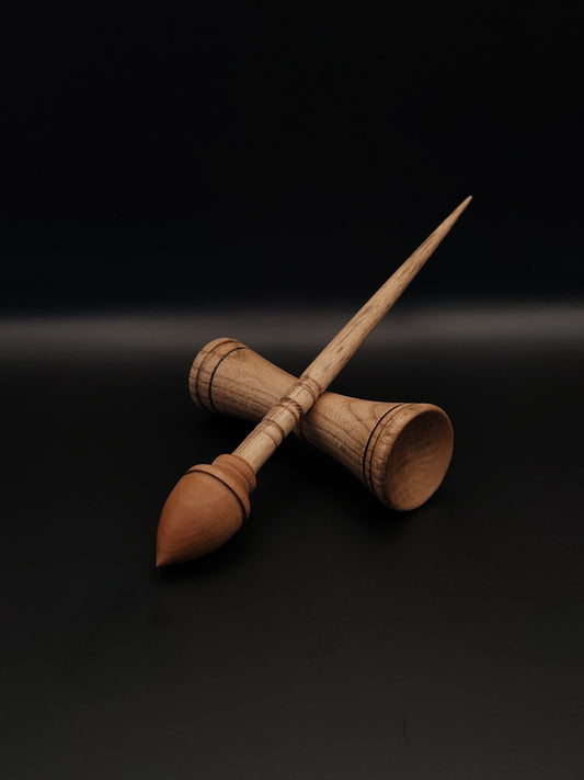 Support Spindle Set: Chestnut Shaft & Pear Whorl (25.5 cm / 10.04 inches, 23 g / 0.81 oz) with Oak Double-Sided Lap Support Bowl