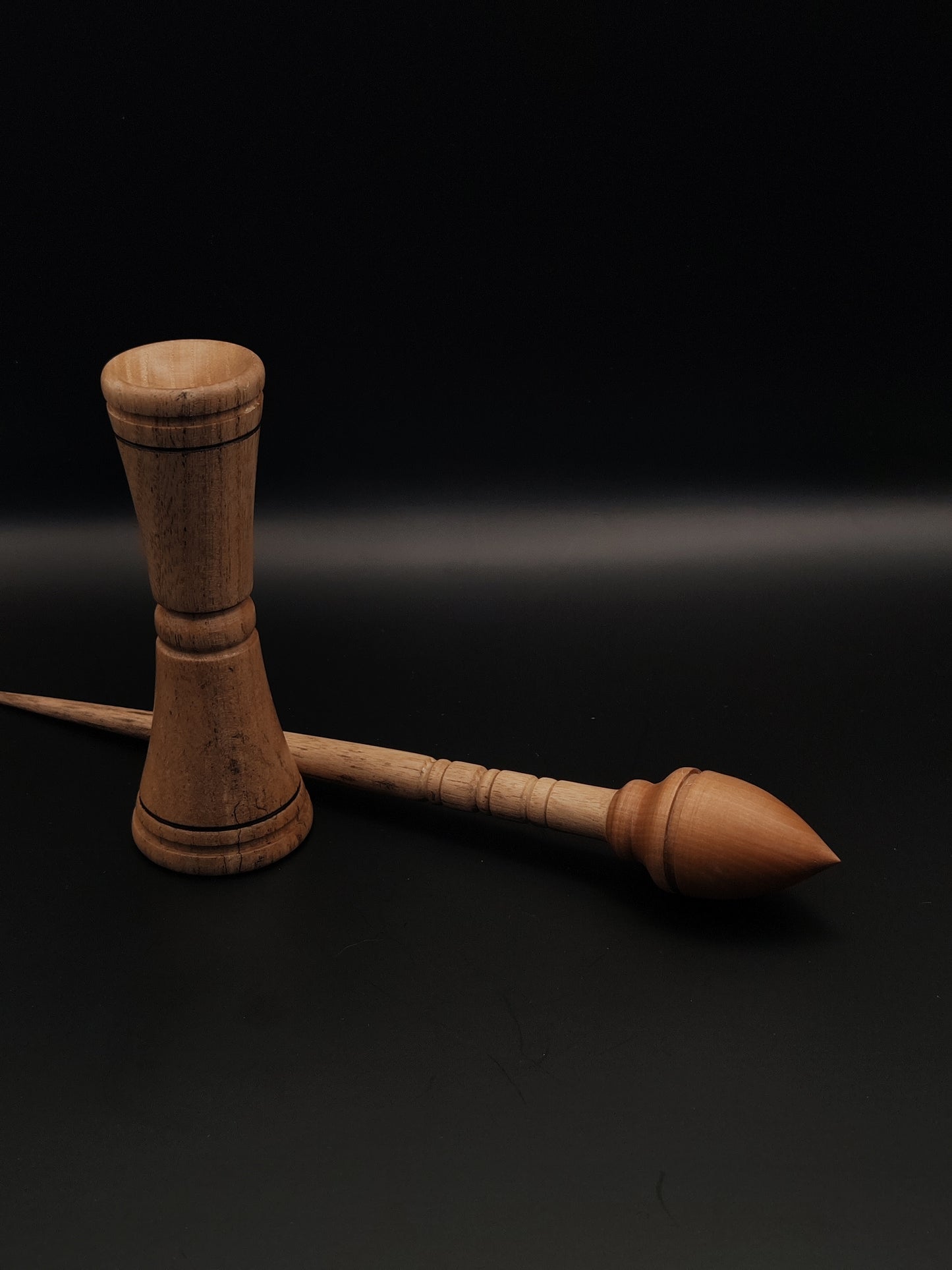 Support Spindle Set: Chestnut Shaft & Pear Whorl (25.5 cm / 10.04 inches, 23 g / 0.81 oz) with Oak Double-Sided Lap Support Bowl