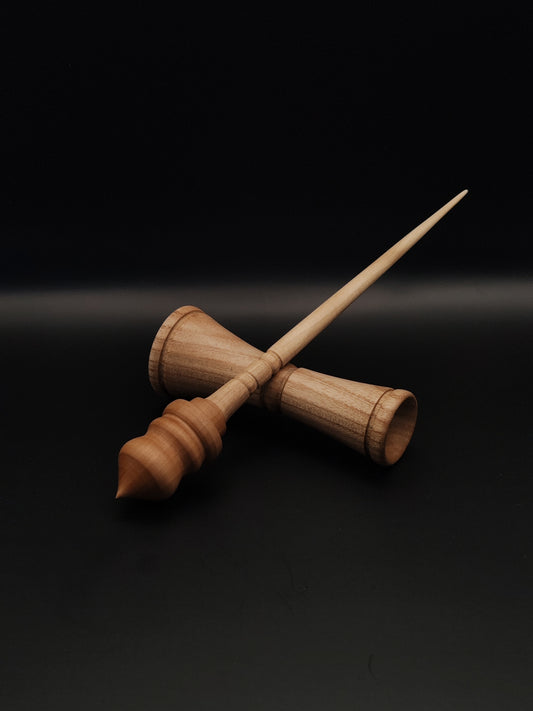 Support Spindle Set: Sycamore Shaft and Pear Whorl (25.5 cm / 10.04 inches, 22 g / 0.78 oz) with Oak Lap Support Bowl (13 cm / 5.12 inches Height)