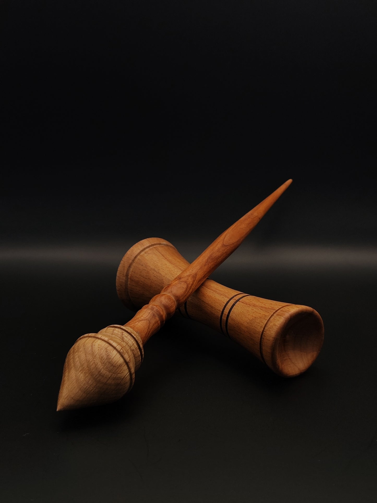 Support Spindle Set: Myrobalan Plum Shaft and Oak Whorl (25 cm / 9.84 in, 35 g / 1.23 oz) with Beech Lap Support Bowl