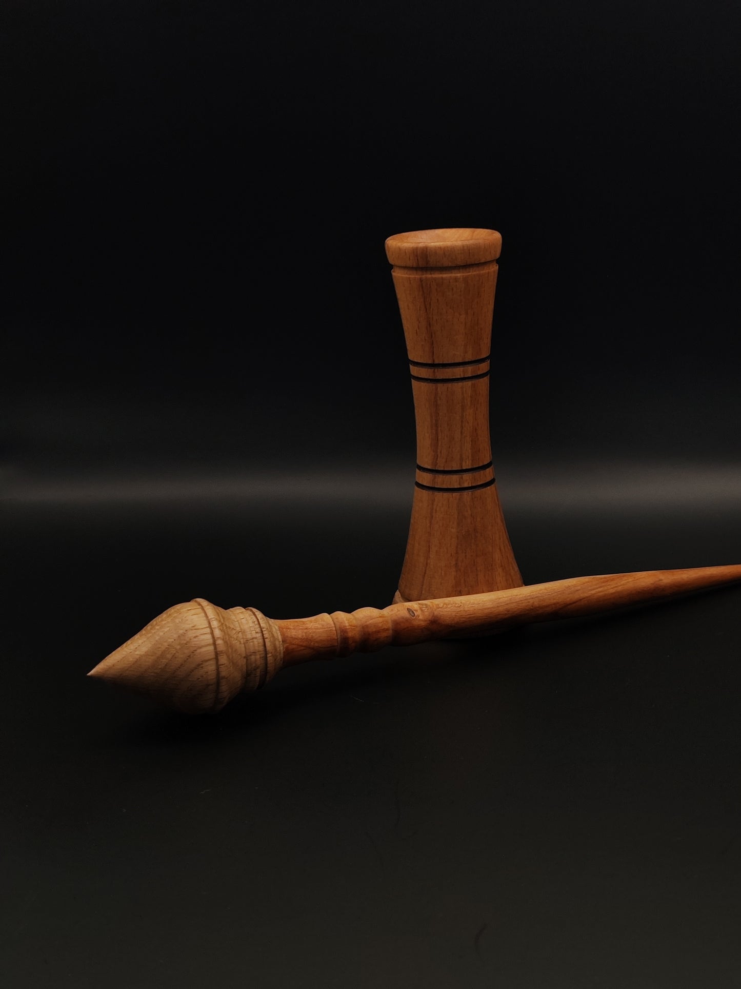 Support Spindle Set: Myrobalan Plum Shaft and Oak Whorl (25 cm / 9.84 in, 35 g / 1.23 oz) with Beech Lap Support Bowl