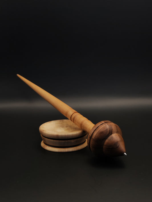 Support Spindle Set: Walnut & Pear with Metal-Tipped Whorl (24.5 cm / 9.65 in, 32 g / 1.13 oz) with Apple Support Bowl