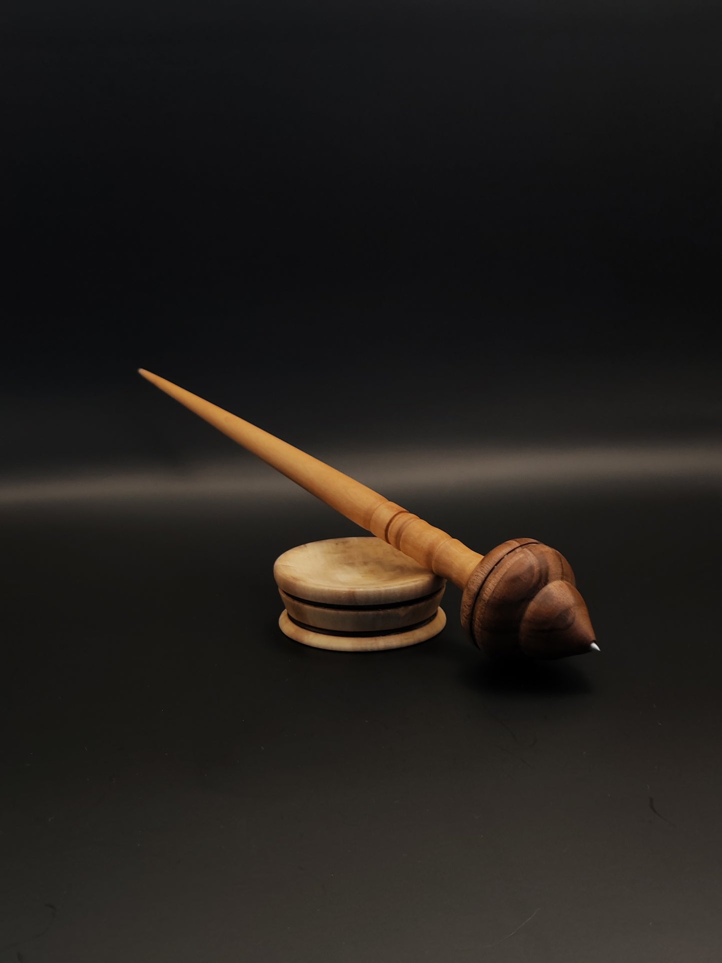 Support Spindle Set: Walnut & Pear with Metal-Tipped Whorl (24.5 cm / 9.65 in, 32 g / 1.13 oz) with Apple Support Bowl