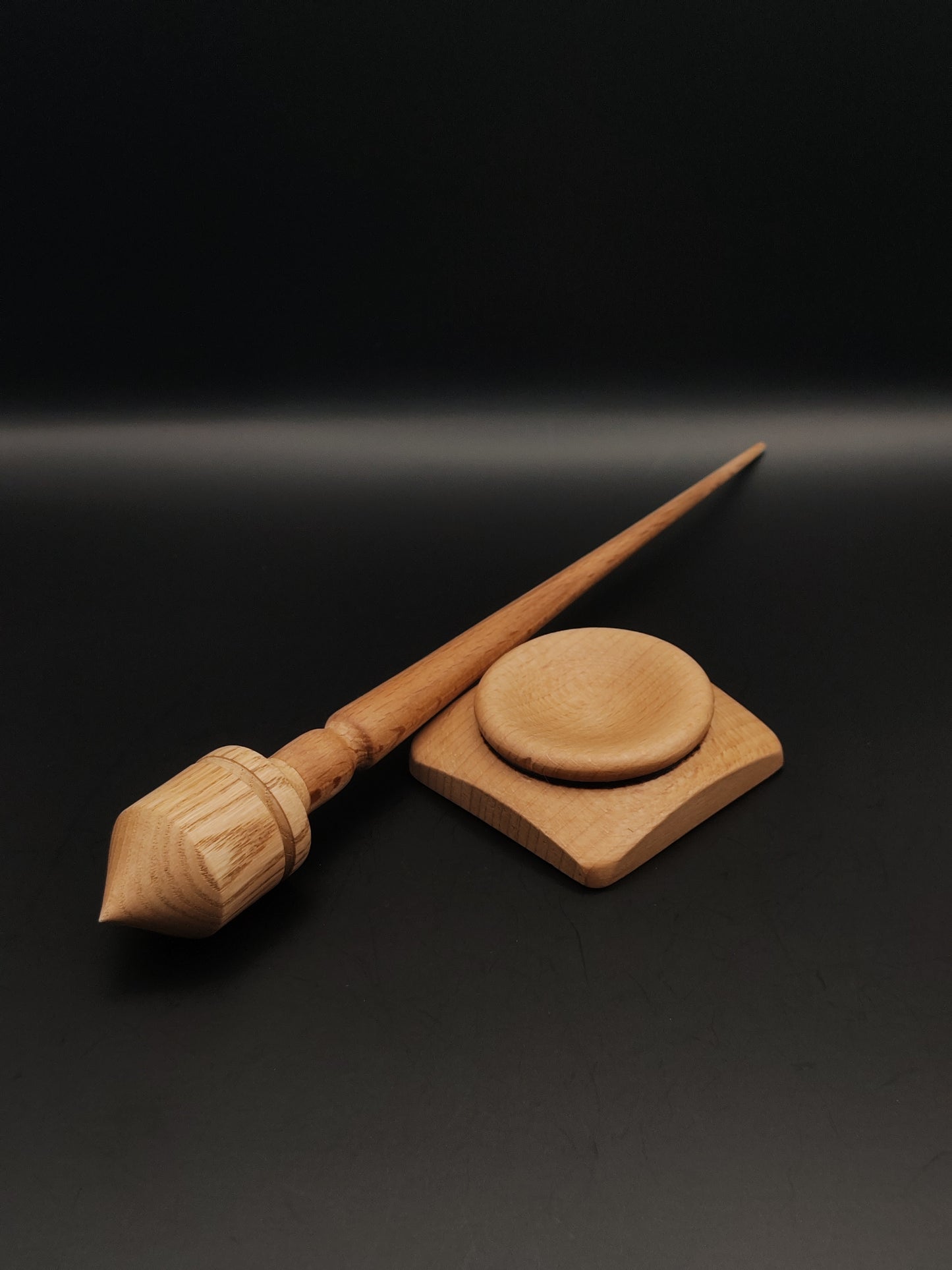 Support Spindle Set: Beech Shaft & Oak Whorl (25 cm / 9.84 inches, 20 g / 0.71 oz) with Beechwood Support Bowl