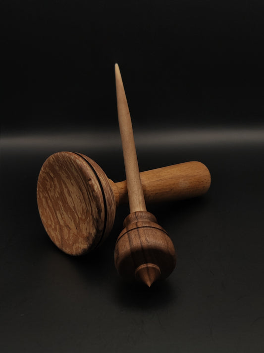 Support Spindle Set: Grey Walnut Shaft & Dark Walnut Whorl (25 cm / 9.84 inches, 26 g / 0.92 oz) with Beech & Alder Lap Support Bowl