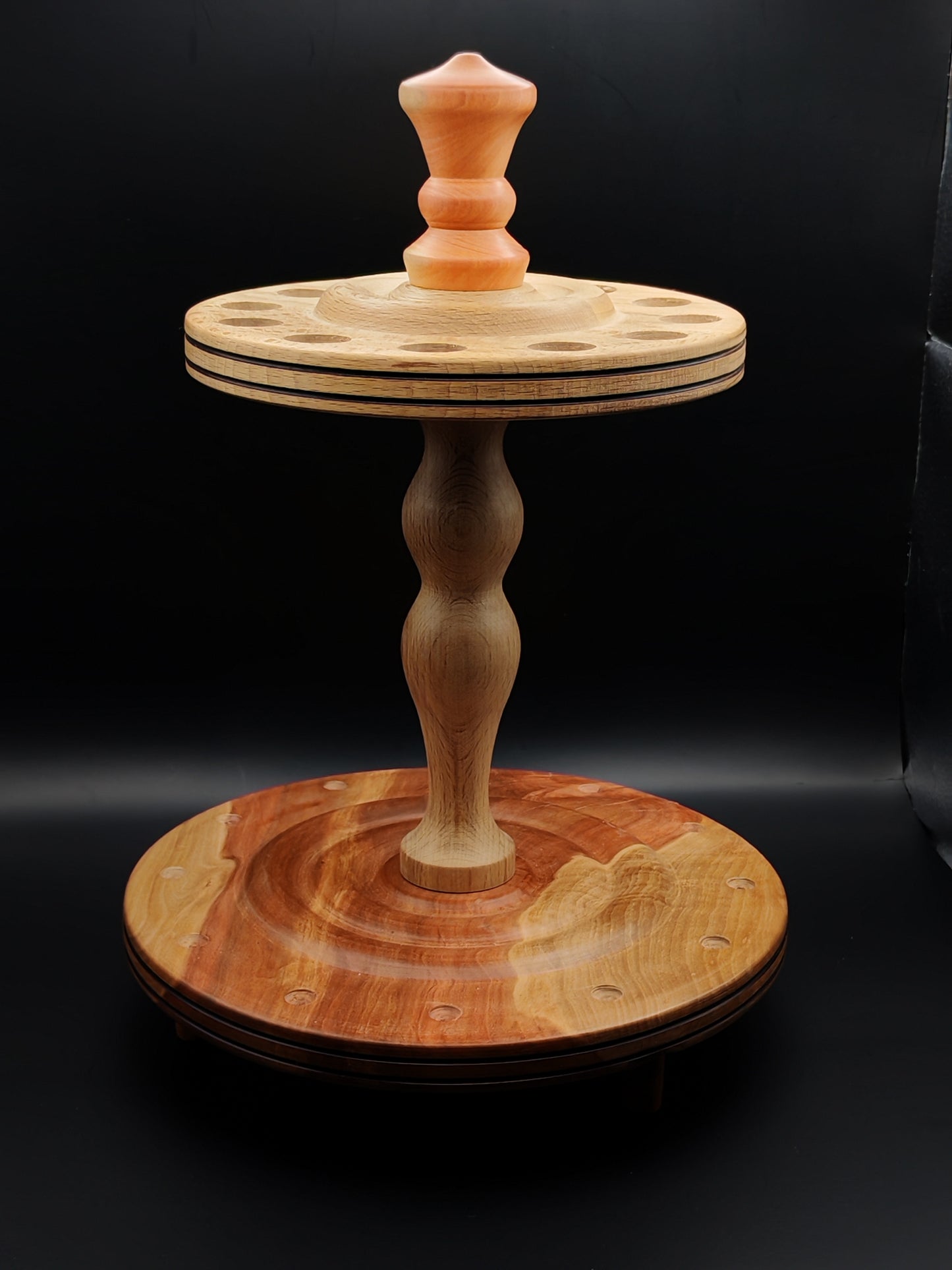 Spindle Stand for 12 Support and Drop Spindles: Pear, Beech, and Rose-Colored Wood