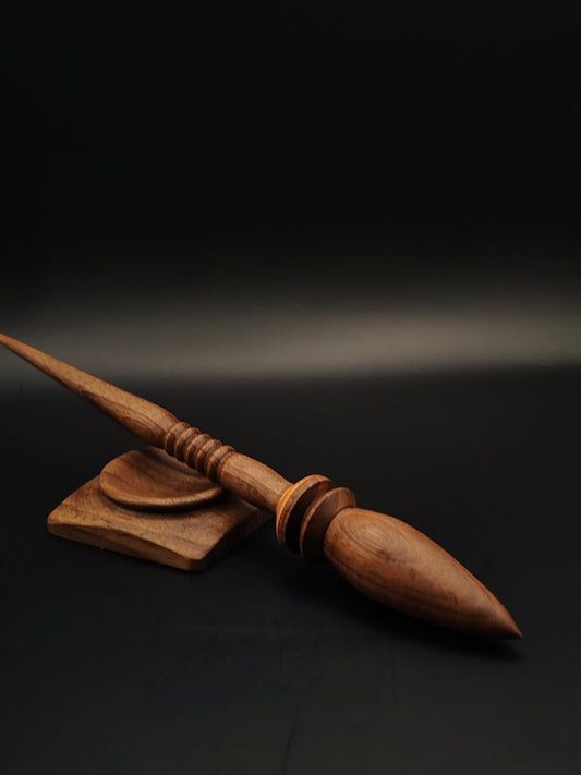Artisan Support Spindle Set – Walnut Shaft & Rosewood Whorl – 25g / 0.88oz, 25cm / 9.84in – With Walnut Support Bowl | Organic Wax Finish | Kravelli Spindles