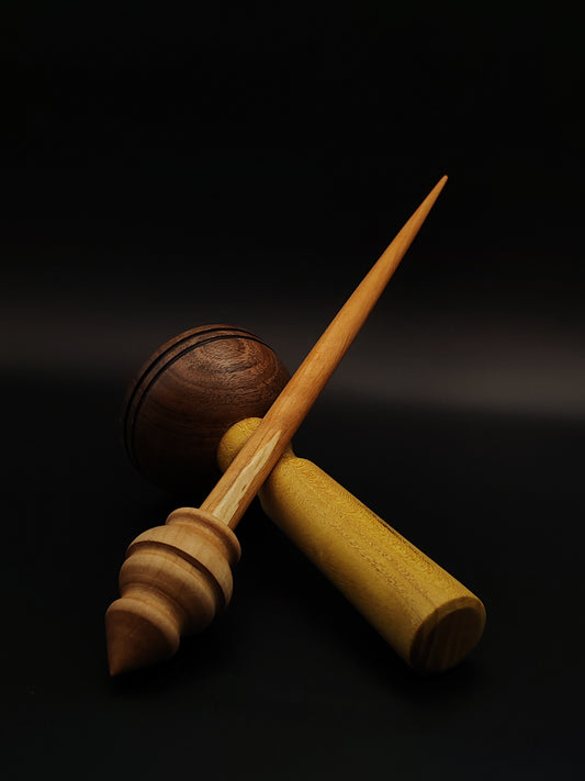 Support Spindle Set: Pear Whorl & Alder Shaft (24.5 cm / 9.65 in, 18 g / 0.63 oz) with Mulberry & Walnut Lap Support Bowl