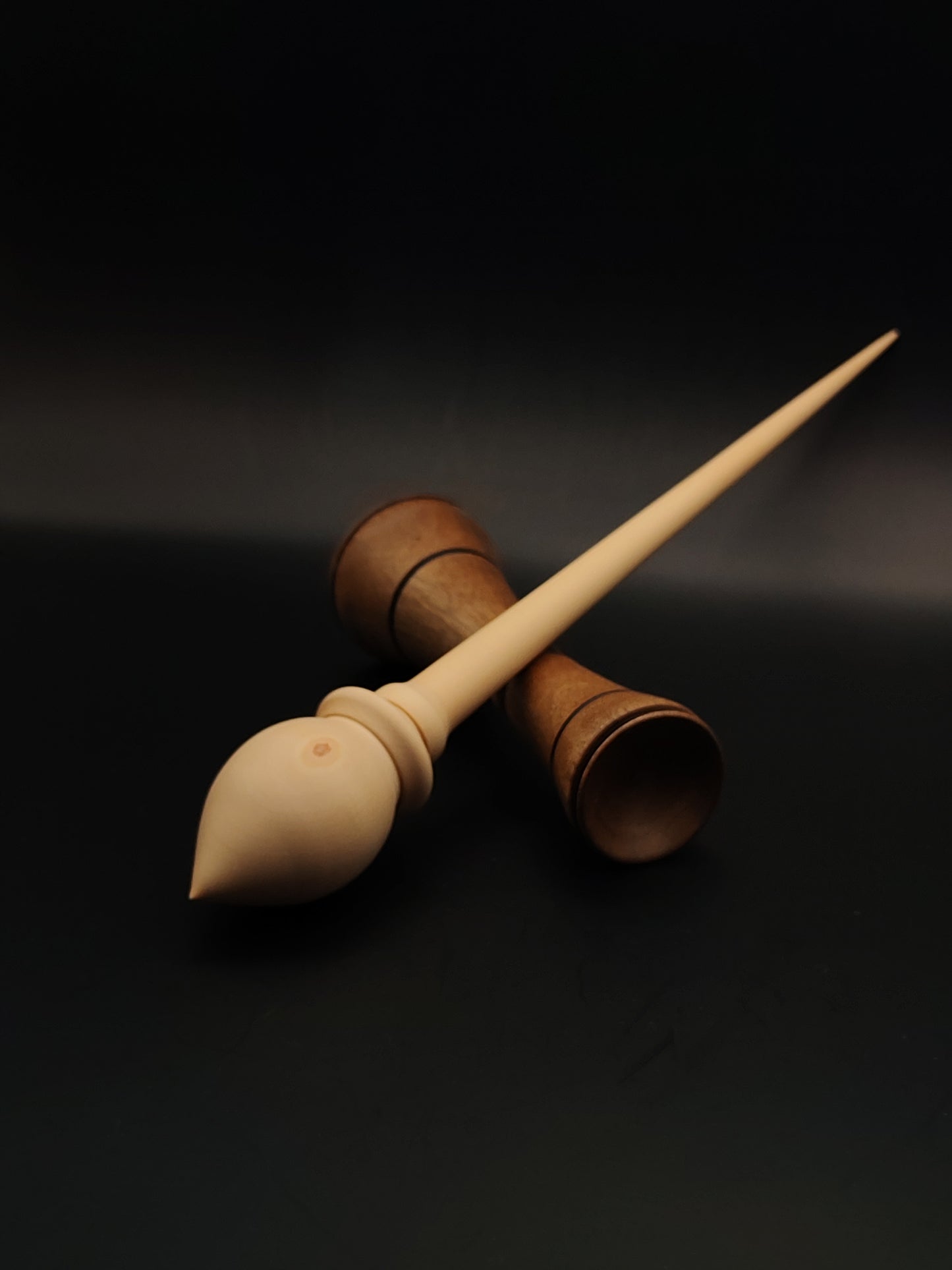 Support Spindle Set – White Pear (Panta) Wood – 33g / 1.16oz, 28.5cm / 11.22in – With Walnut Lap Support Bowl | Organic Wax Finish | Kravelli Spindles