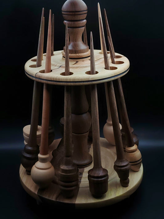 12-Spindle Storage Tower – Walnut & Pear Wood – Spinning Tool Organizer for Drop and Support Spindles | Vertical Stand with Organic Wax Finish | Kravelli