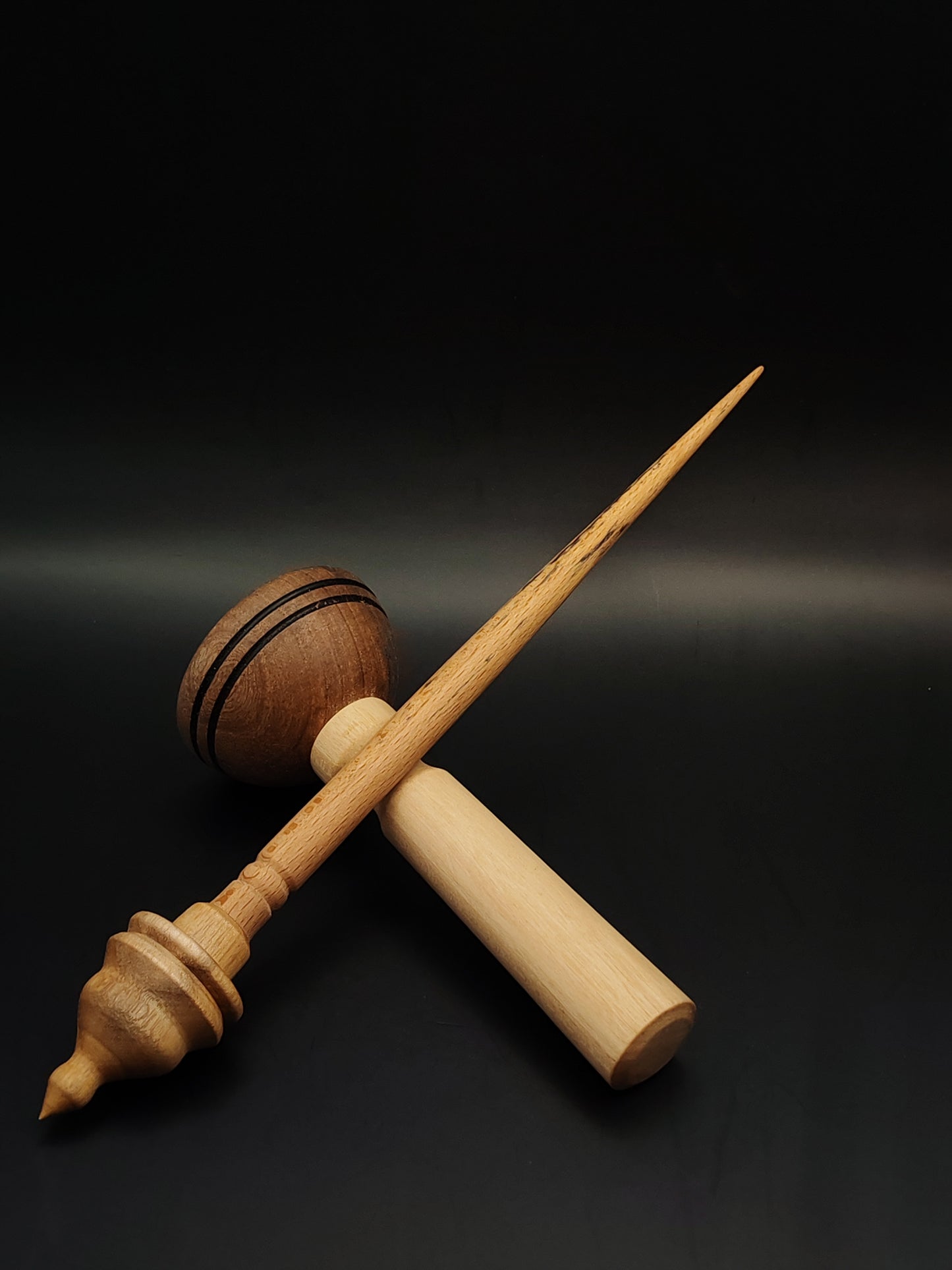 Support Spindle Set – Mulberry Whorl & Beech Shaft – 22g / 0.77oz, 26cm / 10.23in – With Pear & Walnut Lap Support Bowl | Balanced Spindle for Fine to Medium Fibers | Kravelli Spindles