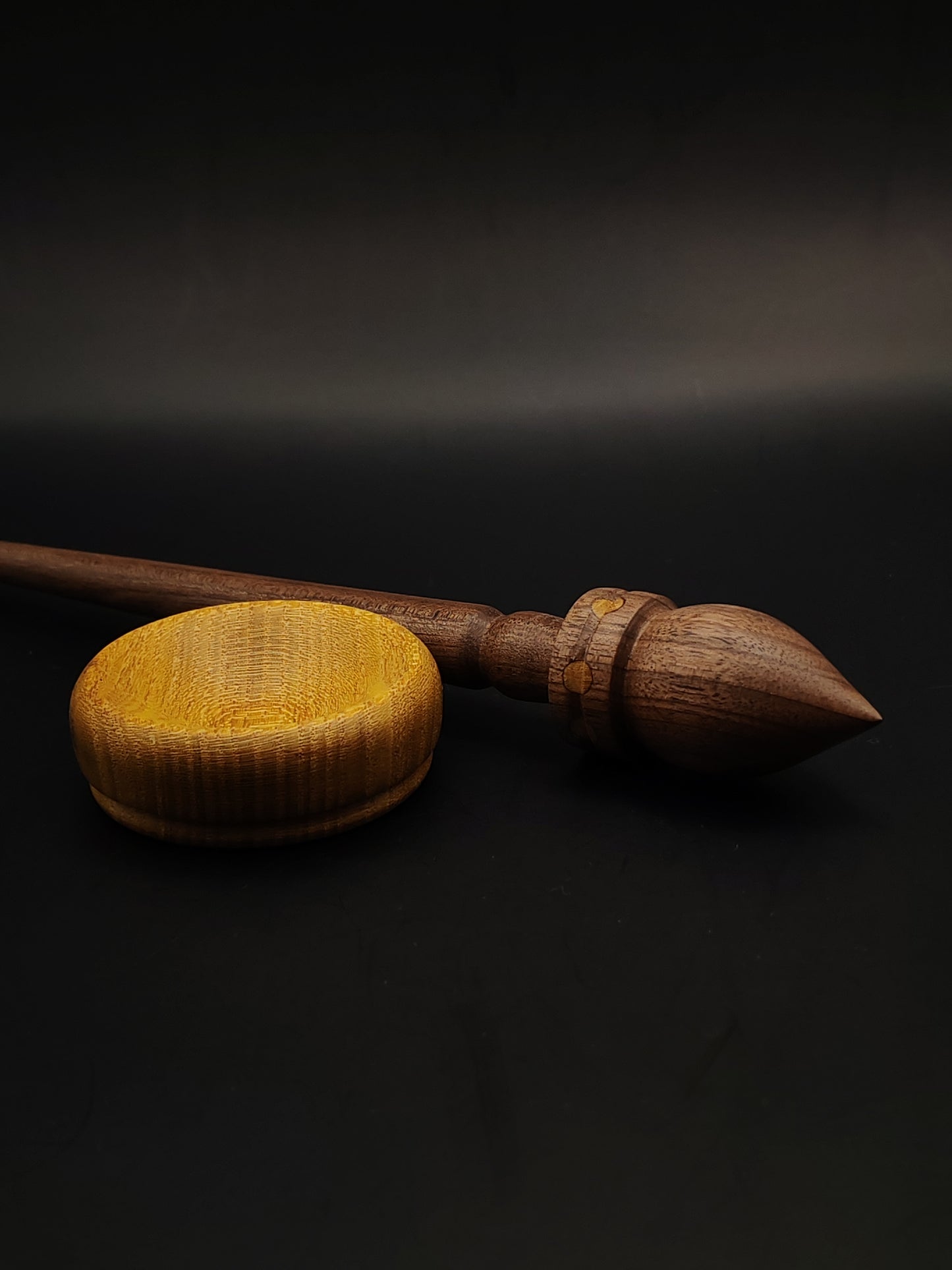 Walnut Support Spindle Set – 22g / 0.77oz, 26cm / 10.23in – With Mulberry Support Bowl | Medium-Light Spindle for Supported Spinning | Kravelli Spindles