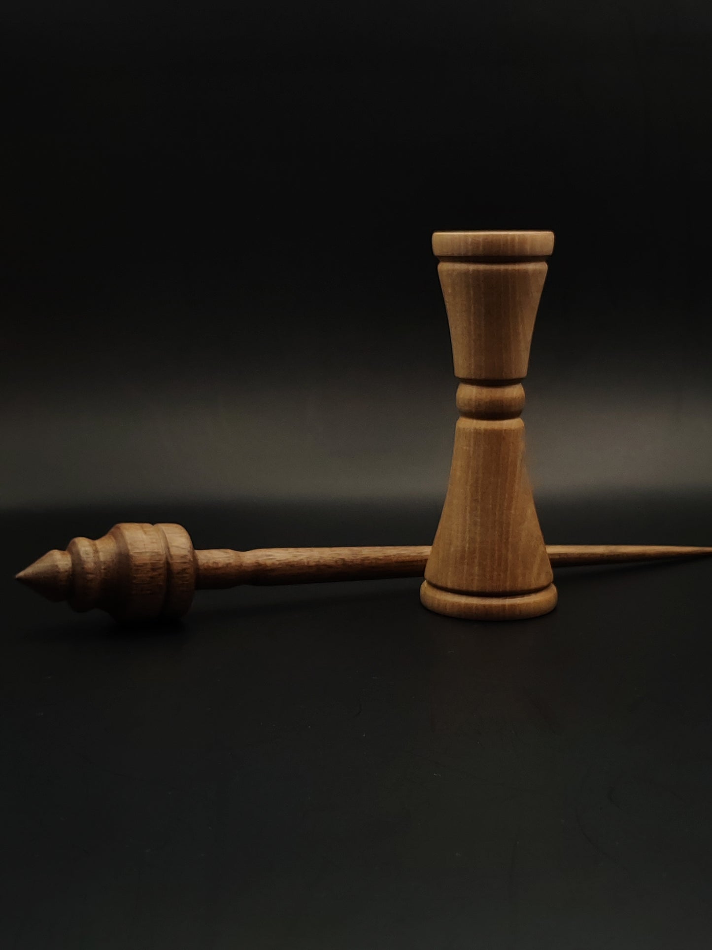 Walnut Support Spindle Set – 22g / 0.77oz, 26cm / 10.23in – With Oak Lap Support Bowl | Medium-Light Spindle for Supported Spinning | Kravelli Spindles